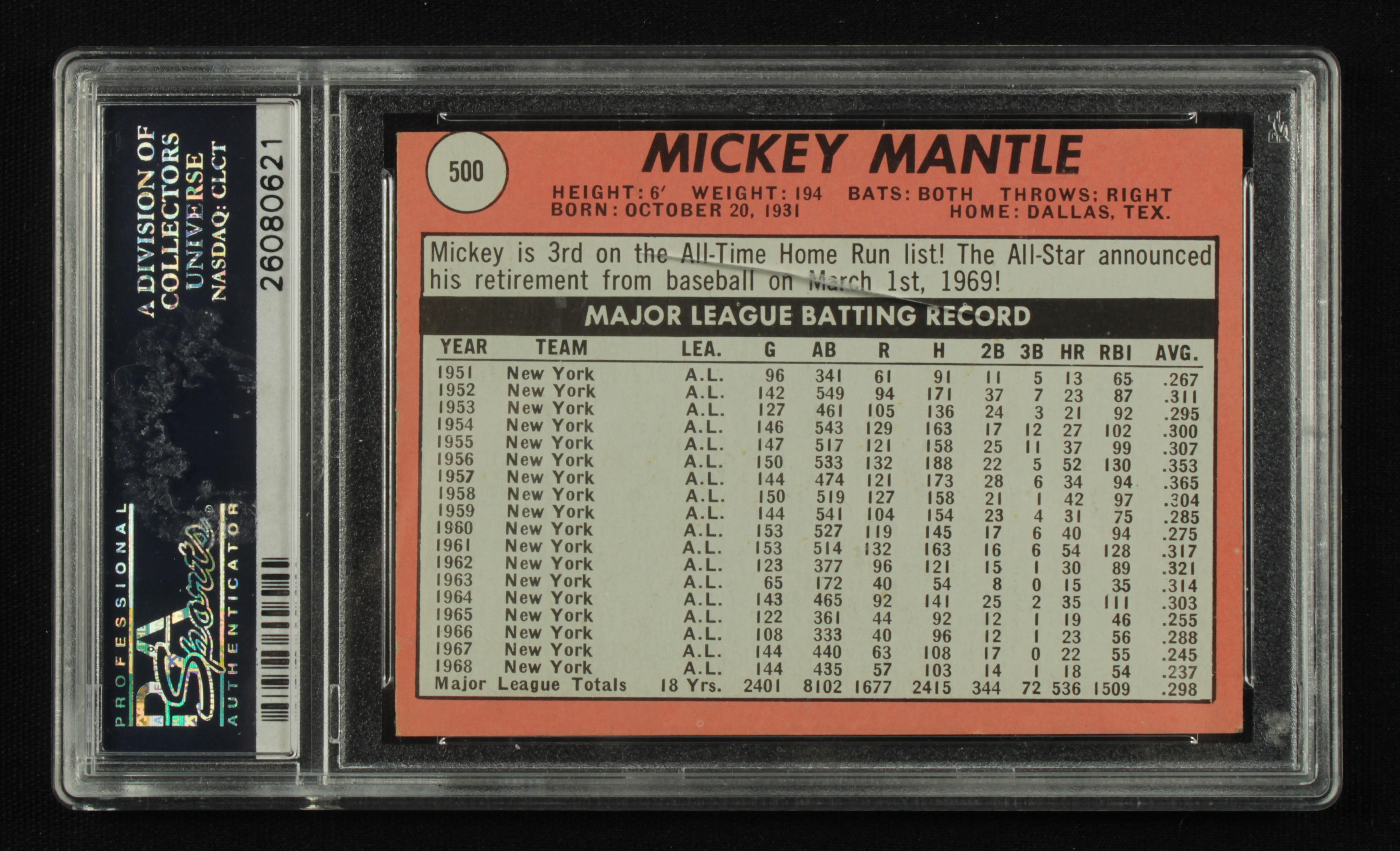 Mickey Mantle 1969 Topps #500A (PSA 6) (MC) at PristineAuction.com Mickey Mantle 1969 Topps #500A (PSA 6) (MC) at PristineAuction.com