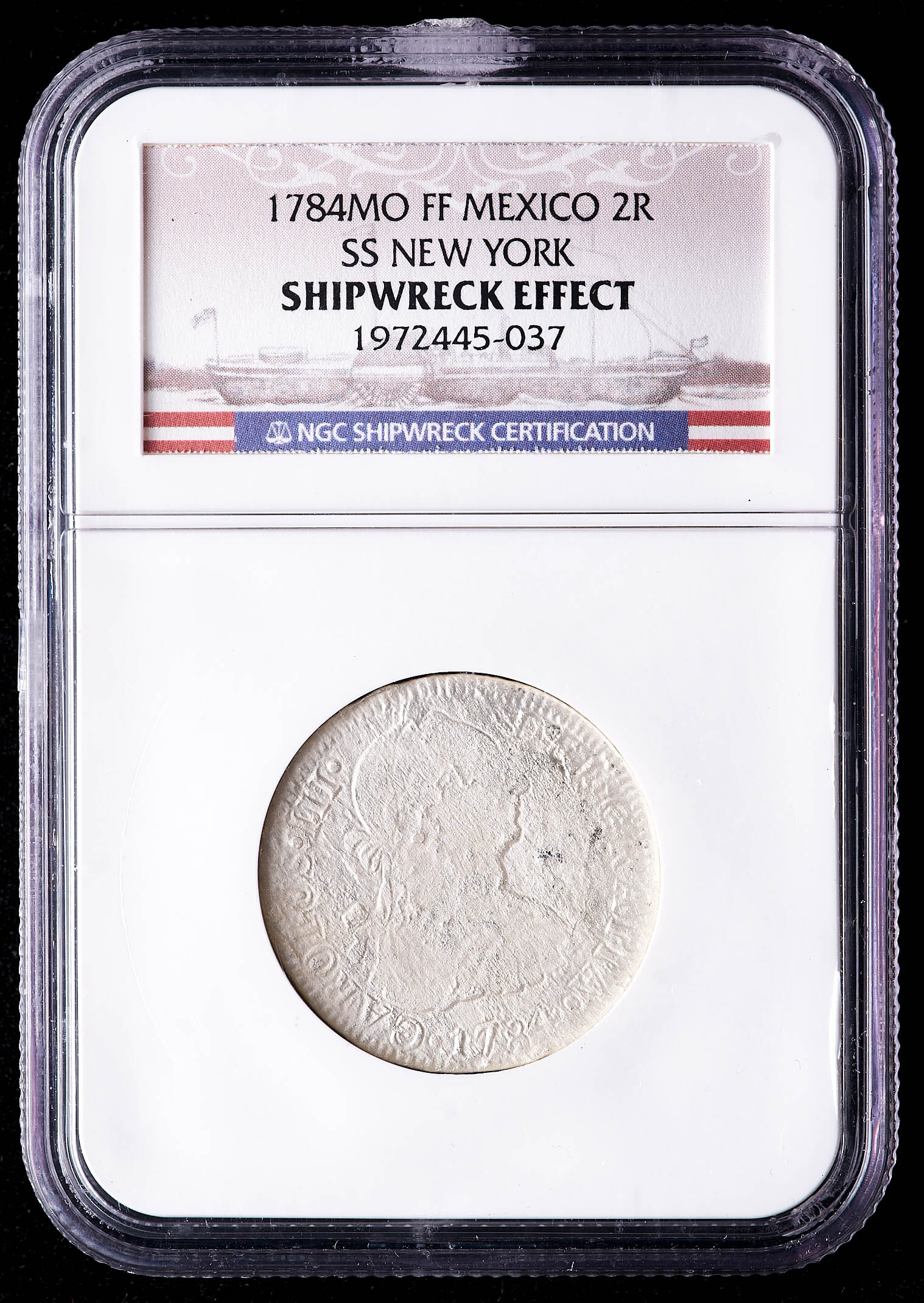 SS New York Shipwreck 1784-Mo FF Mexico 2 Reales Silver Coin (NGC Encapsulated) at PristineAuction.com SS New York Shipwreck 1784-Mo FF Mexico 2 Reales Silver Coin (NGC Encapsulated) at PristineAuction.com