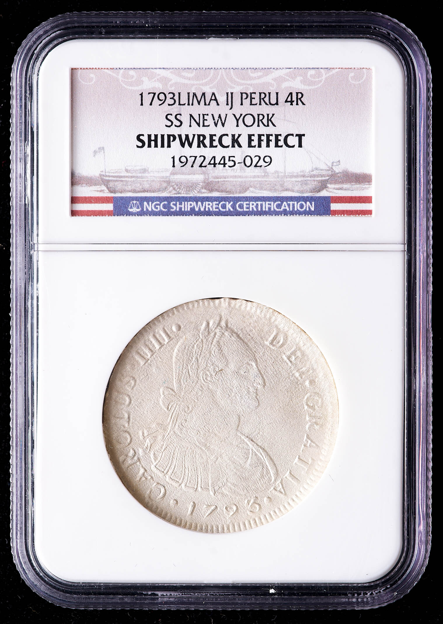 SS New York Shipwreck 1793-LIMAE IJ Peru 4 Reales Silver Coin (NGC Encapsulated) at PristineAuction.com SS New York Shipwreck 1793-LIMAE IJ Peru 4 Reales Silver Coin (NGC Encapsulated) at PristineAuction.com