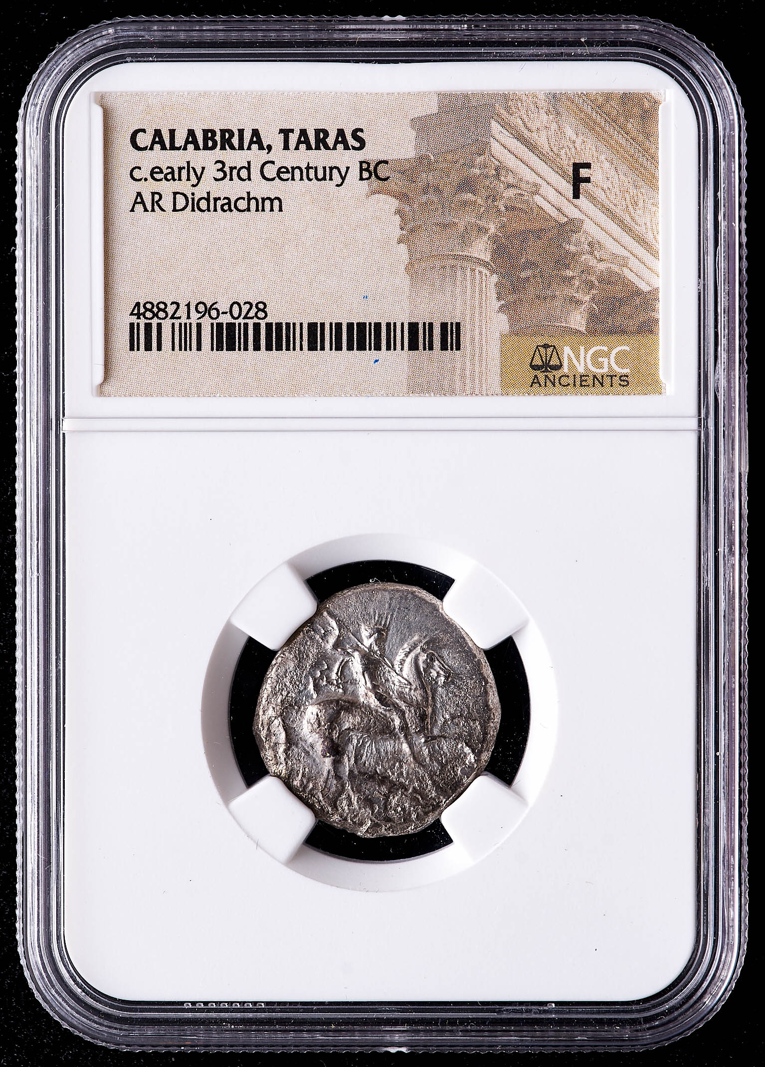 Calabria, Taras circa Early 3rd Century B.C. AR Didrachm Ancient Greek Silver Coin (NGC F) at PristineAuction.com Calabria, Taras circa Early 3rd Century B.C. AR Didrachm Ancient Greek Silver Coin (NGC F) at PristineAuction.com