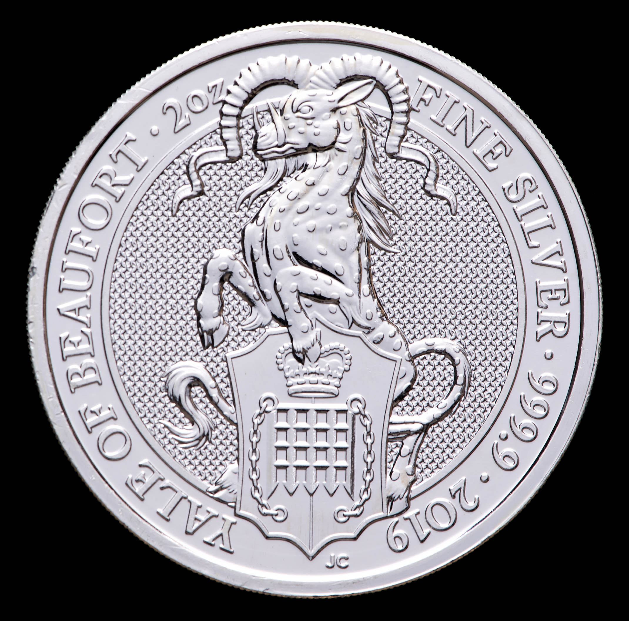 2019 Great Britain Queen's Beasts "Yale of Beaufort" 2 Oz. .999 Fine Silver 5 Pound Coin at PristineAuction.com 2019 Great Britain Queen's Beasts "Yale of Beaufort" 2 Oz. .999 Fine Silver 5 Pound Coin at PristineAuction.com