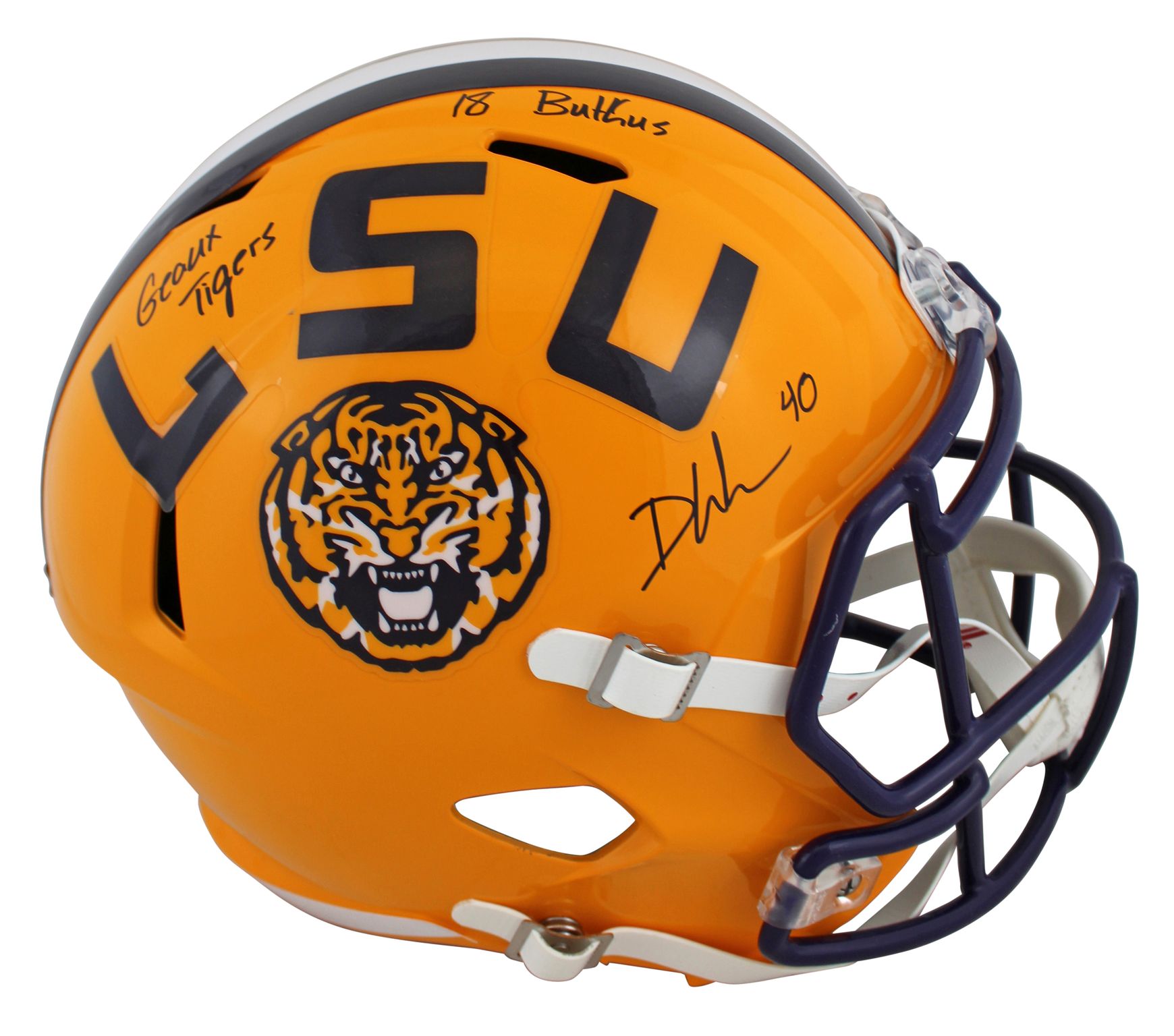 Devin White Signed LSU Tigers Full-Size Speed Helmet Inscribed "Geaux Tigers" & "18 Butkus" (Beckett) at PristineAuction.com Devin White Signed LSU Tigers Full-Size Speed Helmet Inscribed "Geaux Tigers" & "18 Butkus" (Beckett) at PristineAuction.com