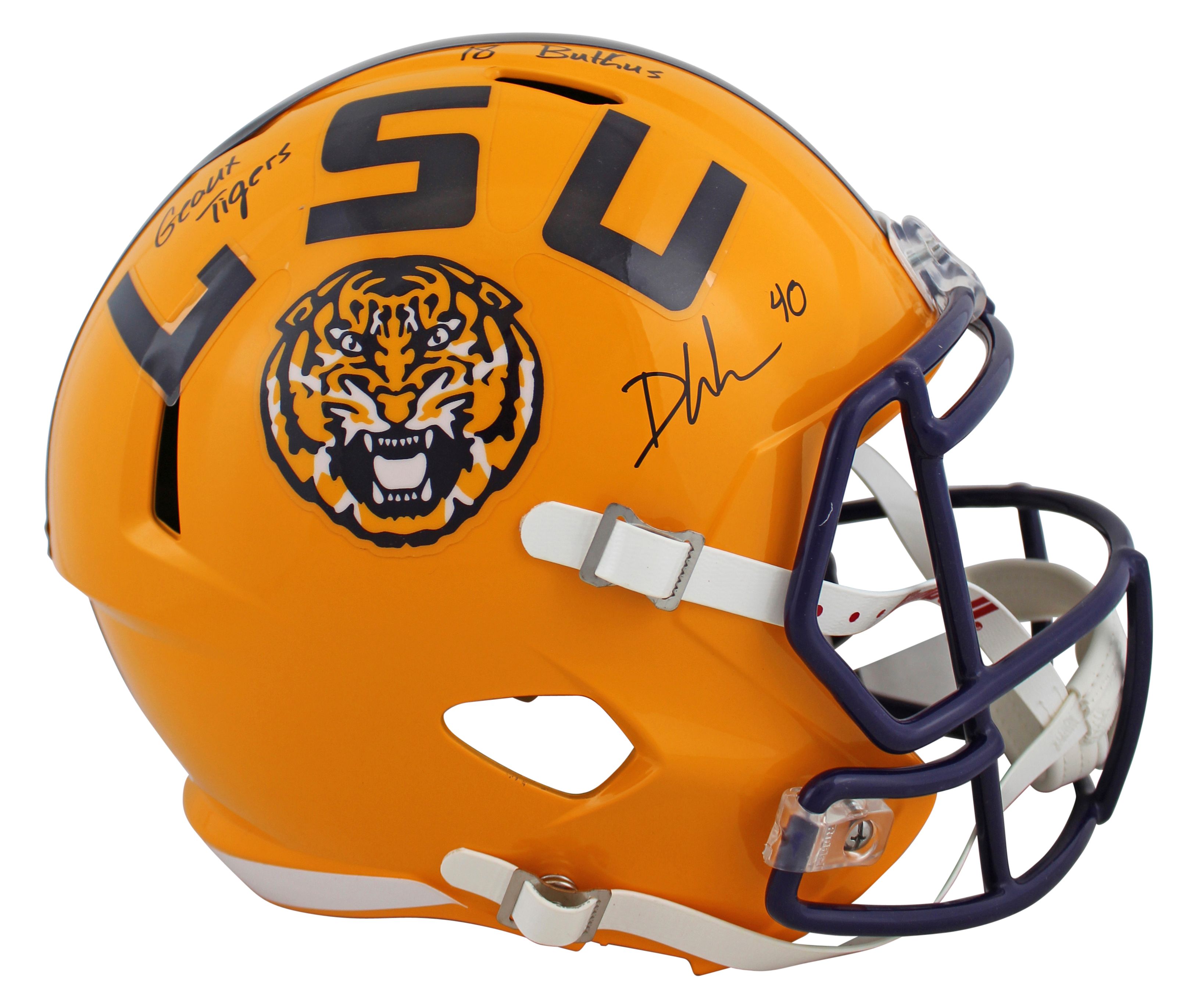 Devin White Signed LSU Tigers Full-Size Speed Helmet Inscribed "Geaux Tigers" & "18 Butkus" (Beckett) at PristineAuction.com Devin White Signed LSU Tigers Full-Size Speed Helmet Inscribed "Geaux Tigers" & "18 Butkus" (Beckett) at PristineAuction.com