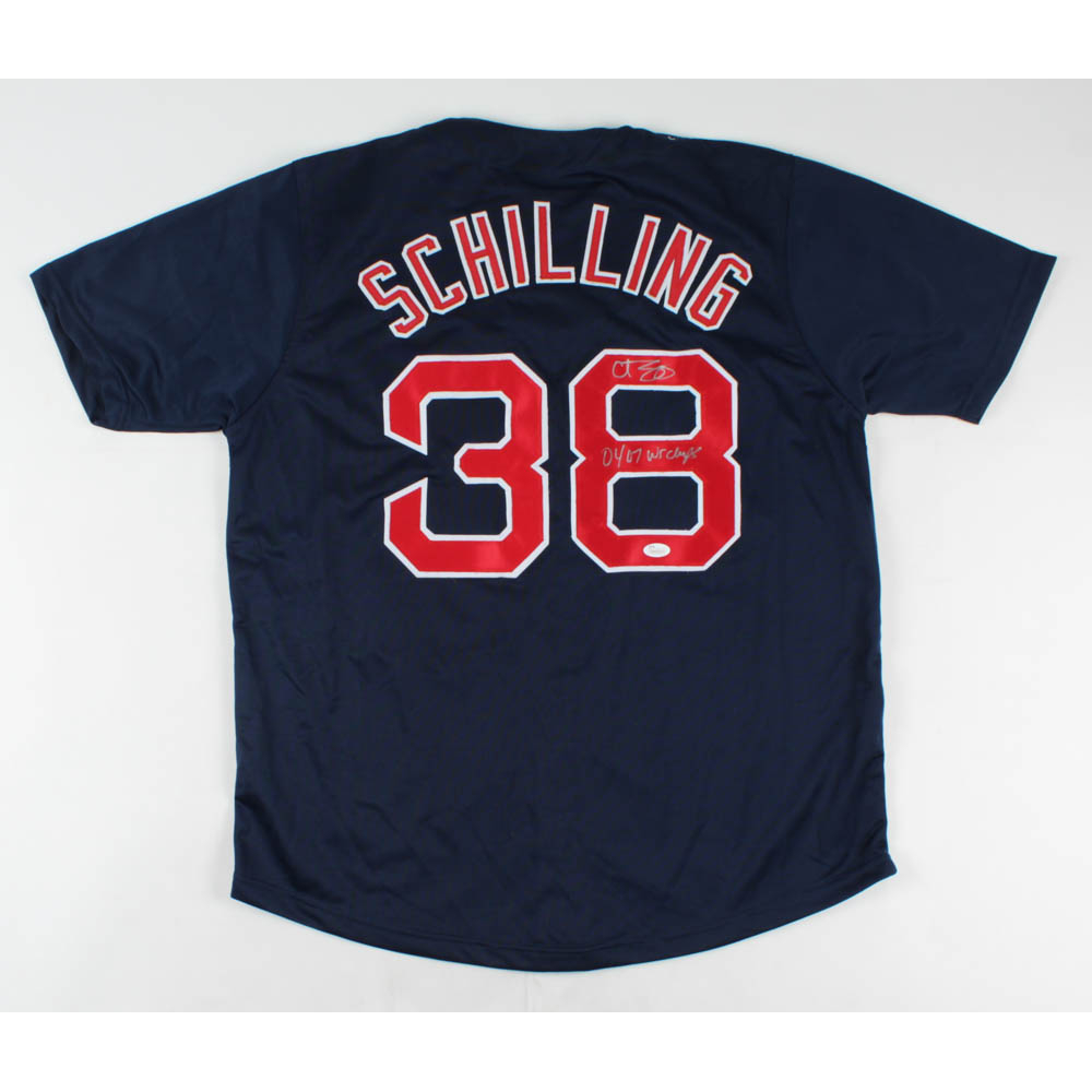 Autographed/Signed CURT SCHILLING Boston Grey Baseball Jersey JSA