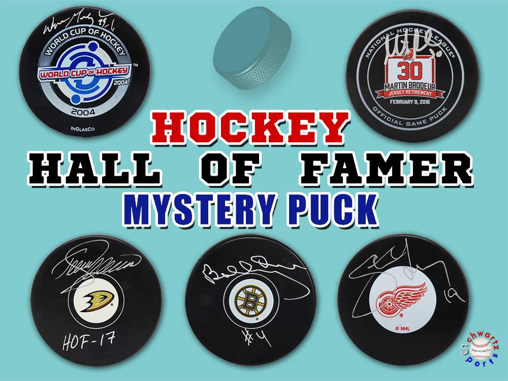 Schwartz Sports Hockey Hall of Famer Signed Logo Hockey Puck Mystery Box - Series 16 (Limited to 100) at PristineAuction.com Schwartz Sports Hockey Hall of Famer Signed Logo Hockey Puck Mystery Box - Series 16 (Limited to 100) at PristineAuction.com