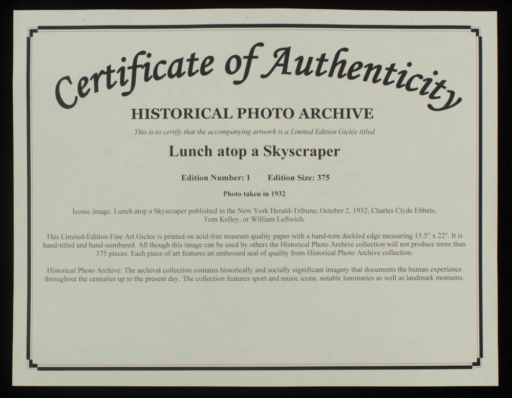 Historical Photo Archive - "Lunch atop a Skyscraper" Limited Edition 16.5x22 Fine Art Giclee on Paper #/375 (PA LOA) at PristineAuction.com Historical Photo Archive - "Lunch atop a Skyscraper" Limited Edition 16.5x22 Fine Art Giclee on Paper #/375 (PA LOA) at PristineAuction.com