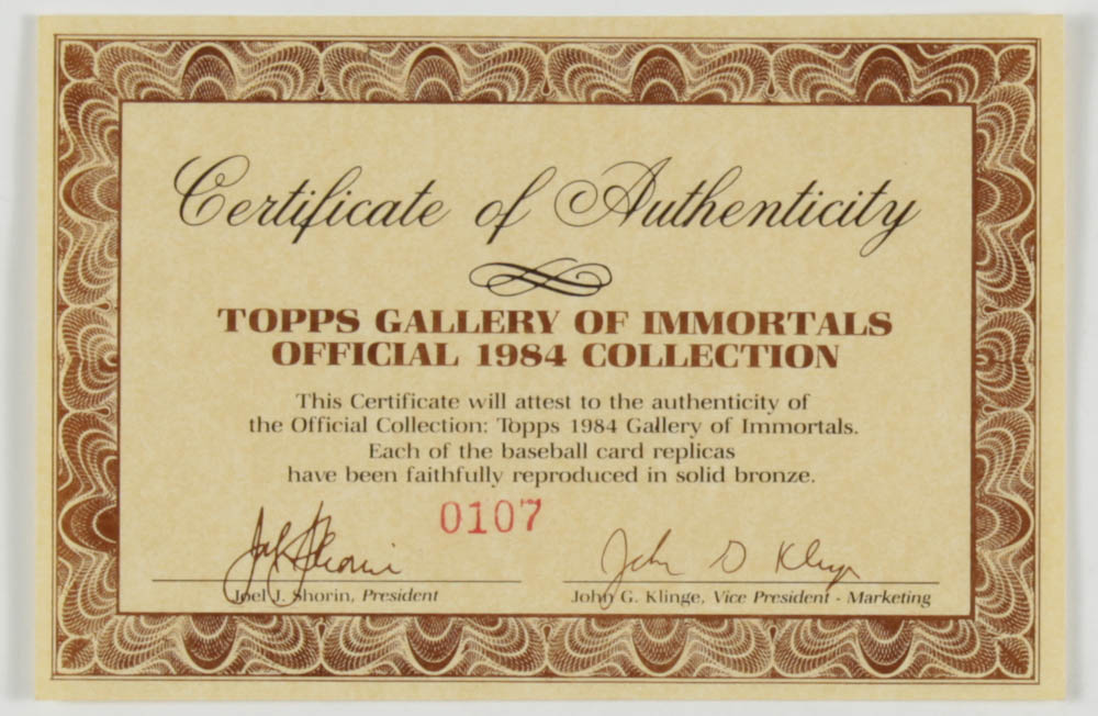 1984 Topps Gallery of Immortals Complete Set of (12) Solid Bronze Baseball Cards with #600 Rod Carew, #210 Joe Morgan, #740 Tom Seaver, #495 Rollie Fingers With Display Case at PristineAuction.com 1984 Topps Gallery of Immortals Complete Set of (12) Solid Bronze Baseball Cards with #600 Rod Carew, #210 Joe Morgan, #740 Tom Seaver, #495 Rollie Fingers With Display Case at PristineAuction.com