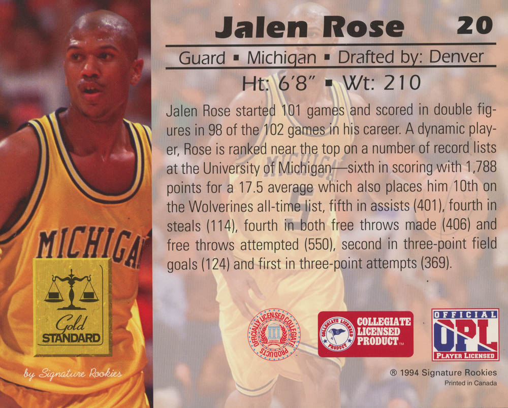 Jalen Rose Signed 1994 Signature Rookies #20 (JSA COA) at PristineAuction.com Jalen Rose Signed 1994 Signature Rookies #20 (JSA COA) at PristineAuction.com