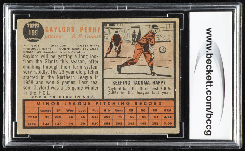 Gaylord Perry 1962 Topps #199 RC (BCCG 7) at PristineAuction.com Gaylord Perry 1962 Topps #199 RC (BCCG 7) at PristineAuction.com