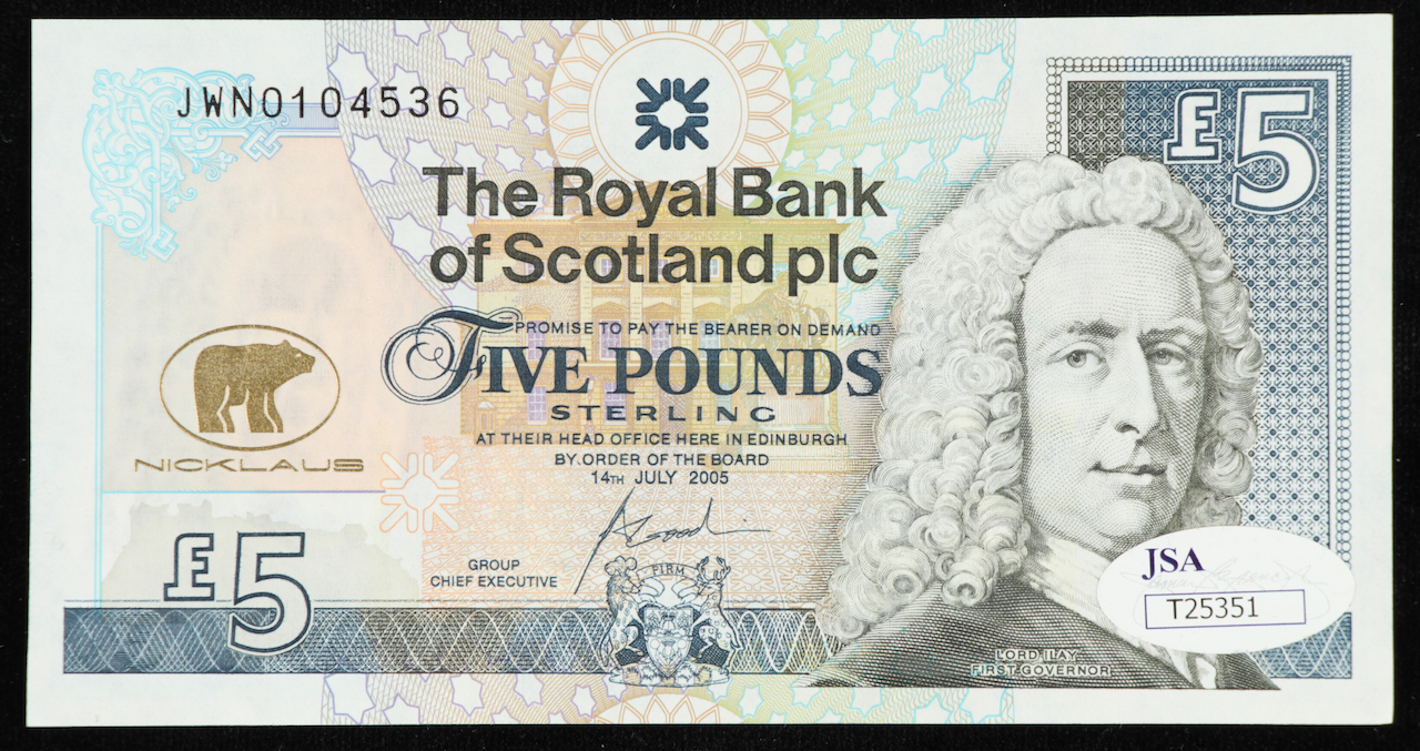 Jack NIcklaus Signed Commemorative Scotland 2005 Sterling Five Pounds Note (JSA COA) at PristineAuction.com Jack NIcklaus Signed Commemorative Scotland 2005 Sterling Five Pounds Note (JSA COA) at PristineAuction.com