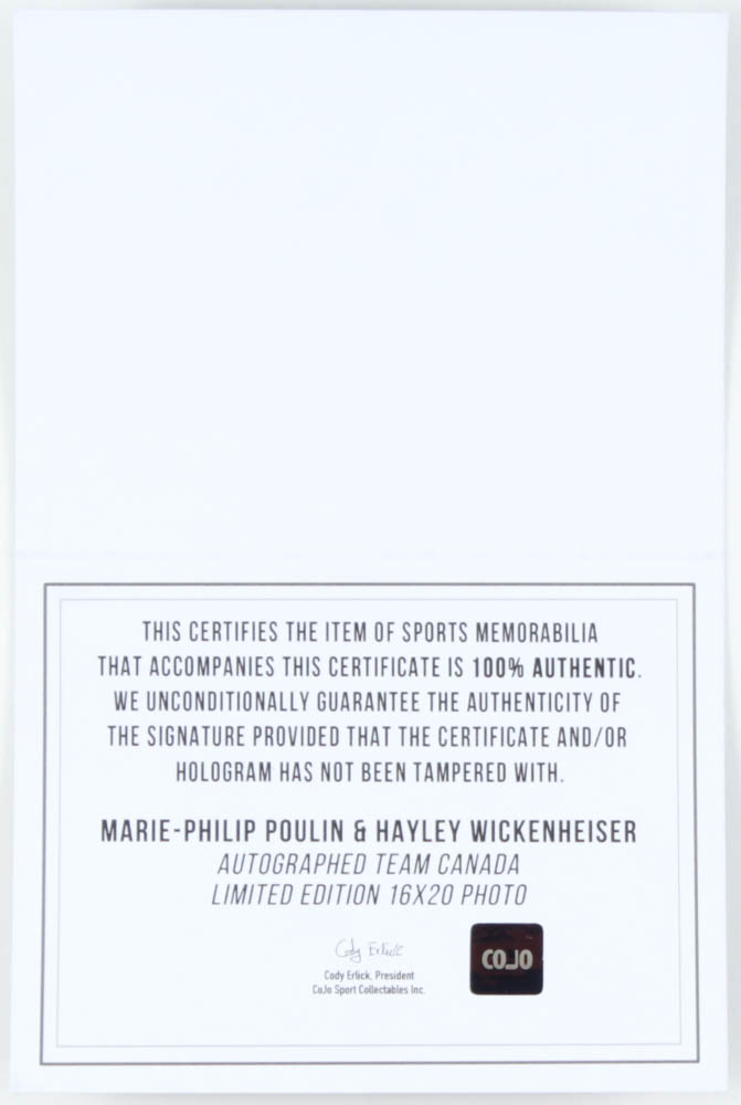 Marie-Philip Poulin & Hayley Wickenheiser Team Canada 16x20 Photo (COJO COA) at PristineAuction.com Marie-Philip Poulin & Hayley Wickenheiser Team Canada 16x20 Photo (COJO COA) at PristineAuction.com
