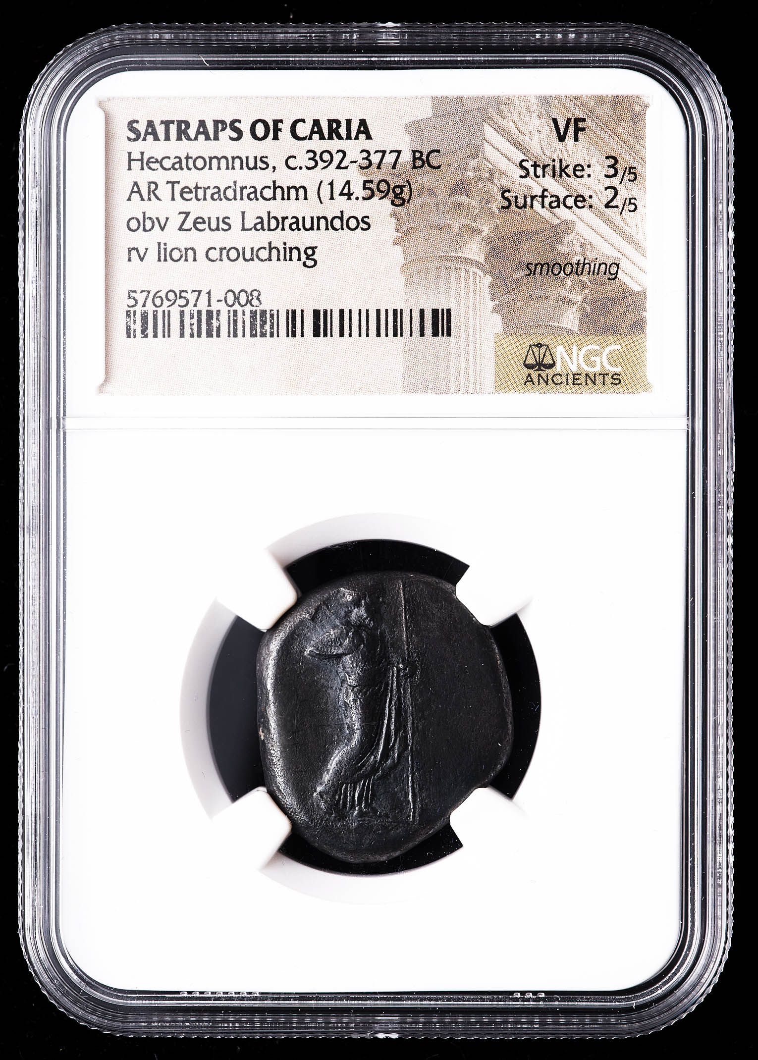 Hecatomnus c. 392-377 B.C. Satraps of Caria AR Tetradrachm Ancient Greek Silver Coin obv Zeus Labraundos rv Lion Crouchin (NGC VF) Strike: 3/5, Surface: 2/5 at PristineAuction.com Hecatomnus c. 392-377 B.C. Satraps of Caria AR Tetradrachm Ancient Greek Silver Coin obv Zeus Labraundos rv Lion Crouchin (NGC VF) Strike: 3/5, Surface: 2/5 at PristineAuction.com