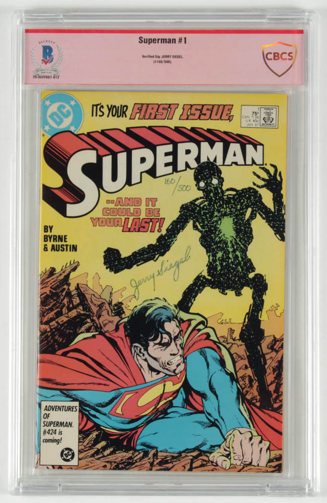 Jerry Siegel Signed LE 1986 "Superman" Issue #1 DC Comic Book (BGS Encapsulated) at PristineAuction.com Jerry Siegel Signed LE 1986 "Superman" Issue #1 DC Comic Book (BGS Encapsulated) at PristineAuction.com