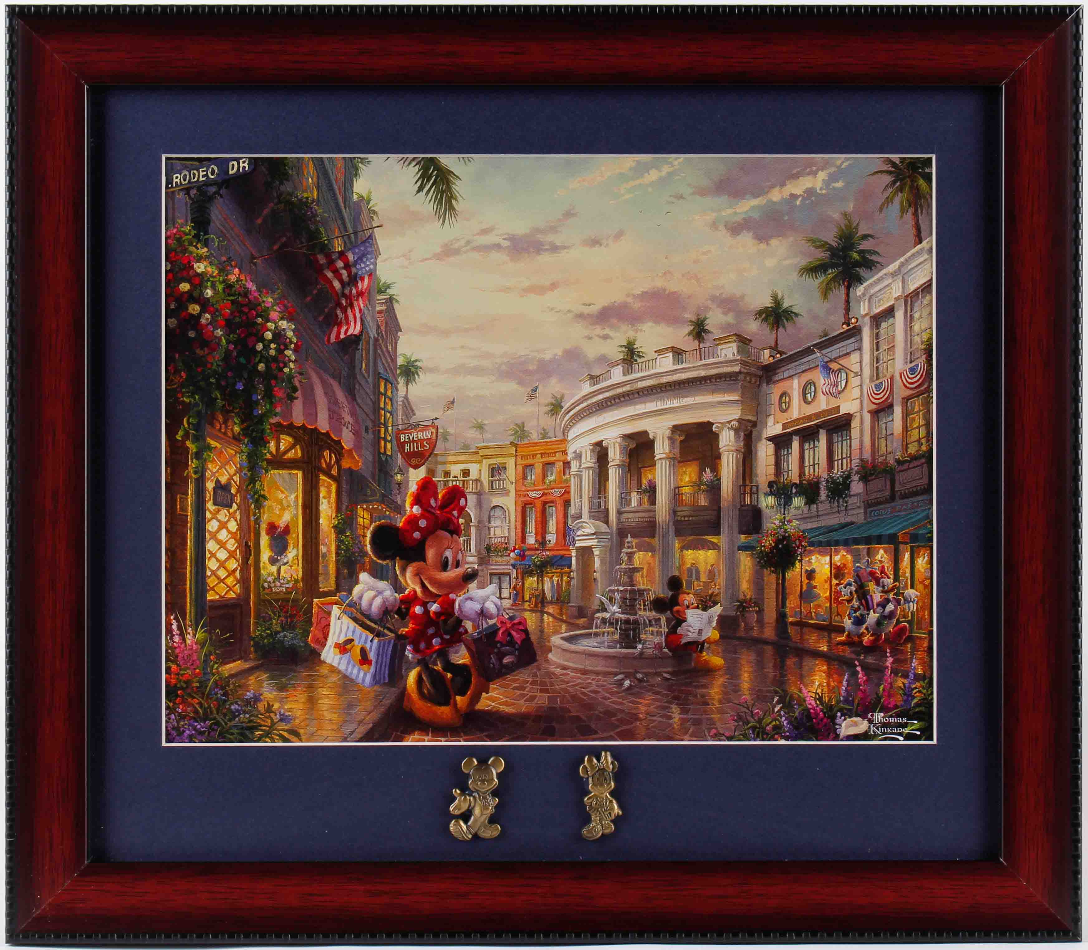 Thomas Kinkade "Mickey & Minnie Mouse" 14x16 Custom Framed Print Display with Mickey & Minnie Brass Pin Set at PristineAuction.com Thomas Kinkade "Mickey & Minnie Mouse" 14x16 Custom Framed Print Display with Mickey & Minnie Brass Pin Set at PristineAuction.com