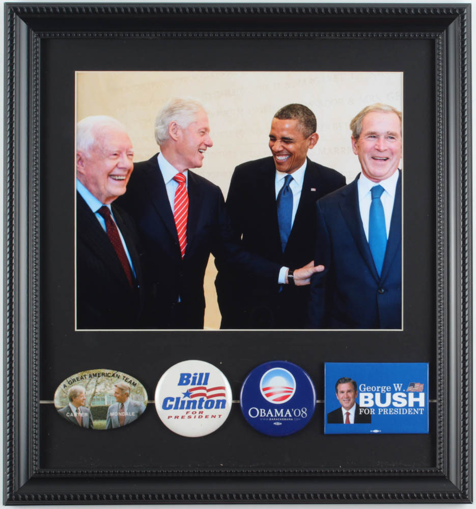U.S. Presidents 14x15 Custom Framed Photo Display with (4) Original Vintage Presidential Campaign Pins at PristineAuction.com U.S. Presidents 14x15 Custom Framed Photo Display with (4) Original Vintage Presidential Campaign Pins at PristineAuction.com