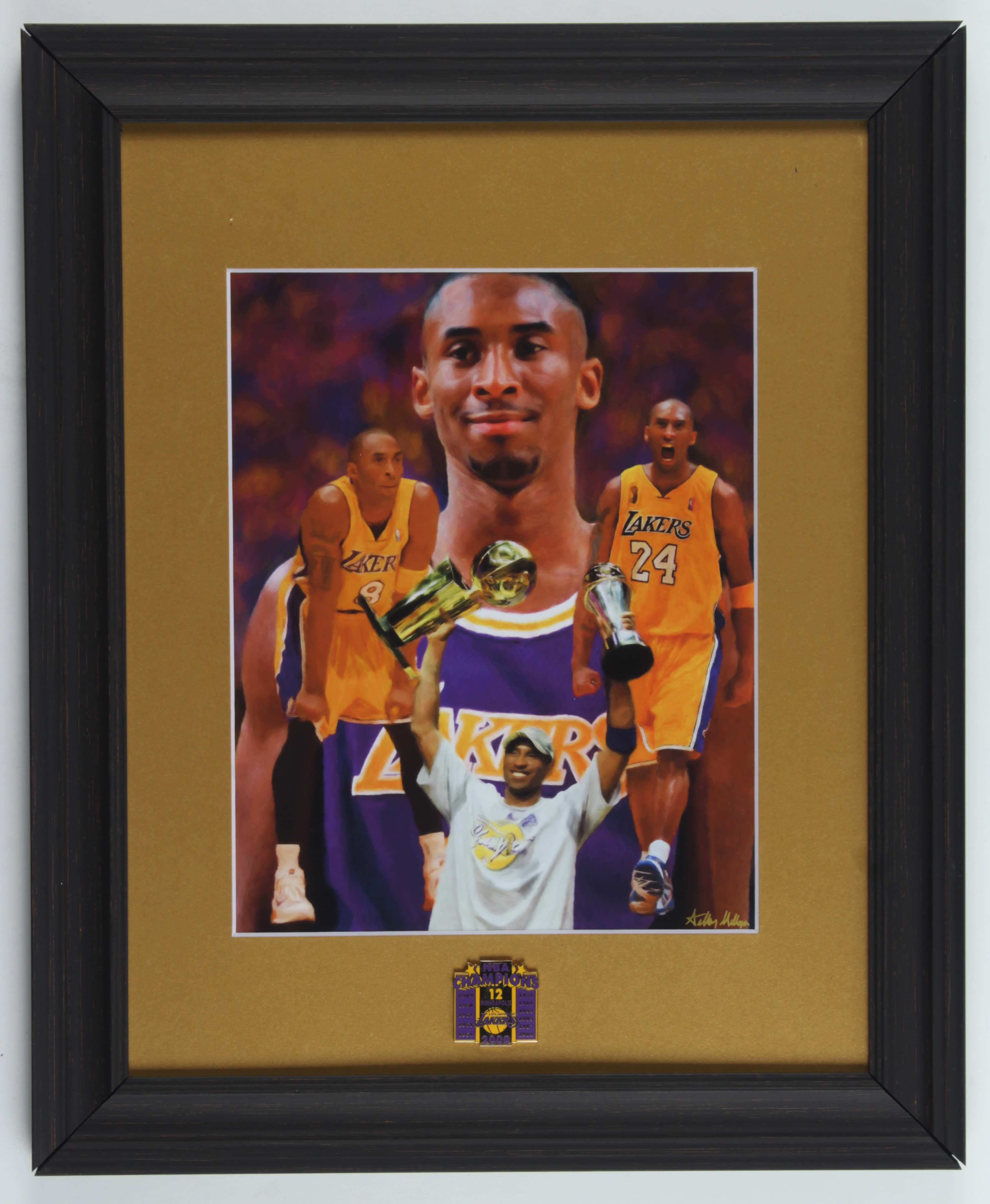 Kobe Bryant Lakers 13.25x16.25 Custom Framed Textured Art Print Display with Lakers Championship Lapel Pin at PristineAuction.com Kobe Bryant Lakers 13.25x16.25 Custom Framed Textured Art Print Display with Lakers Championship Lapel Pin at PristineAuction.com