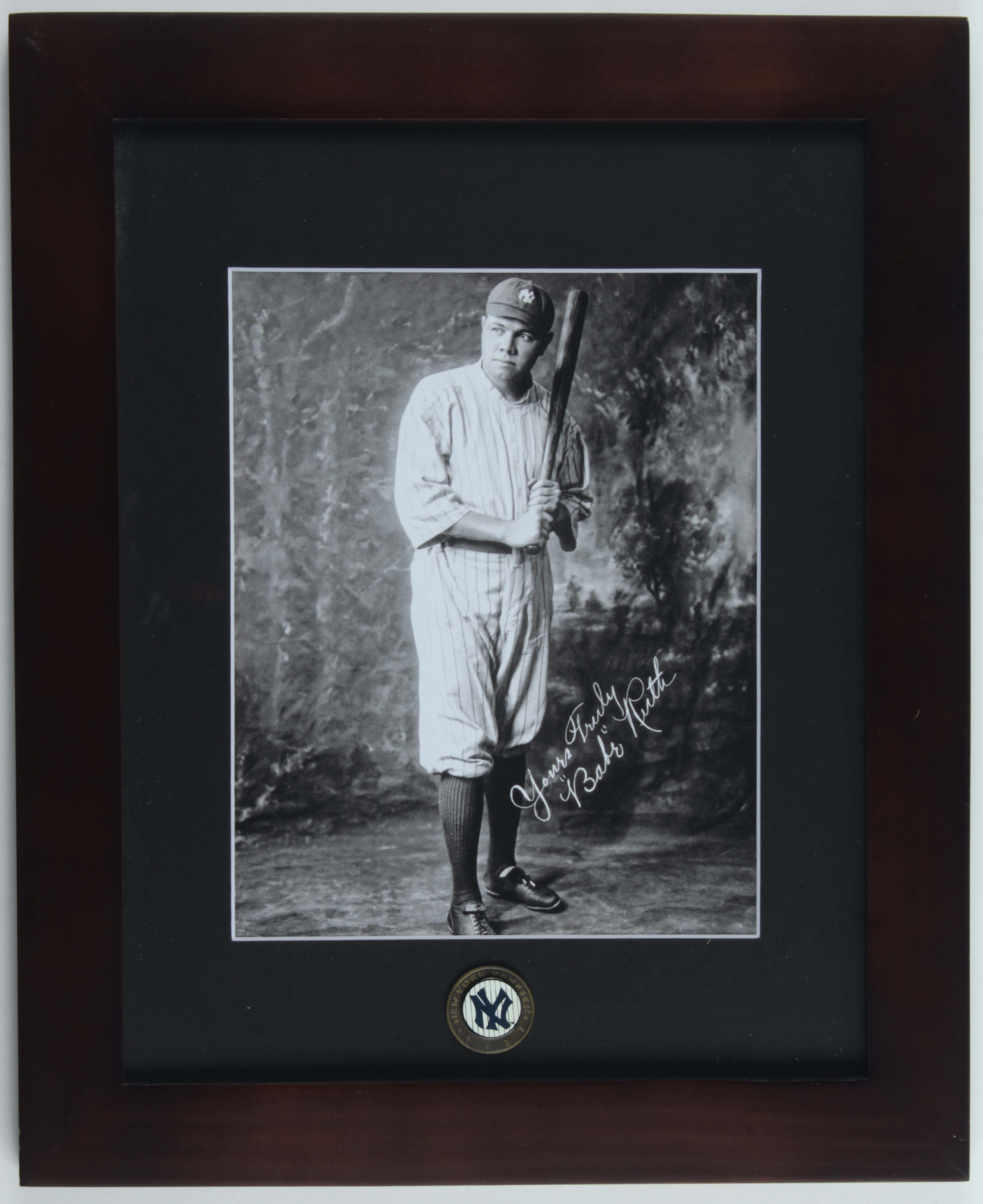 Babe Ruth Yankees 13.5x16.5 Custom Framed Photo Display with Vintage Yankees Bronze Emblem at PristineAuction.com Babe Ruth Yankees 13.5x16.5 Custom Framed Photo Display with Vintage Yankees Bronze Emblem at PristineAuction.com