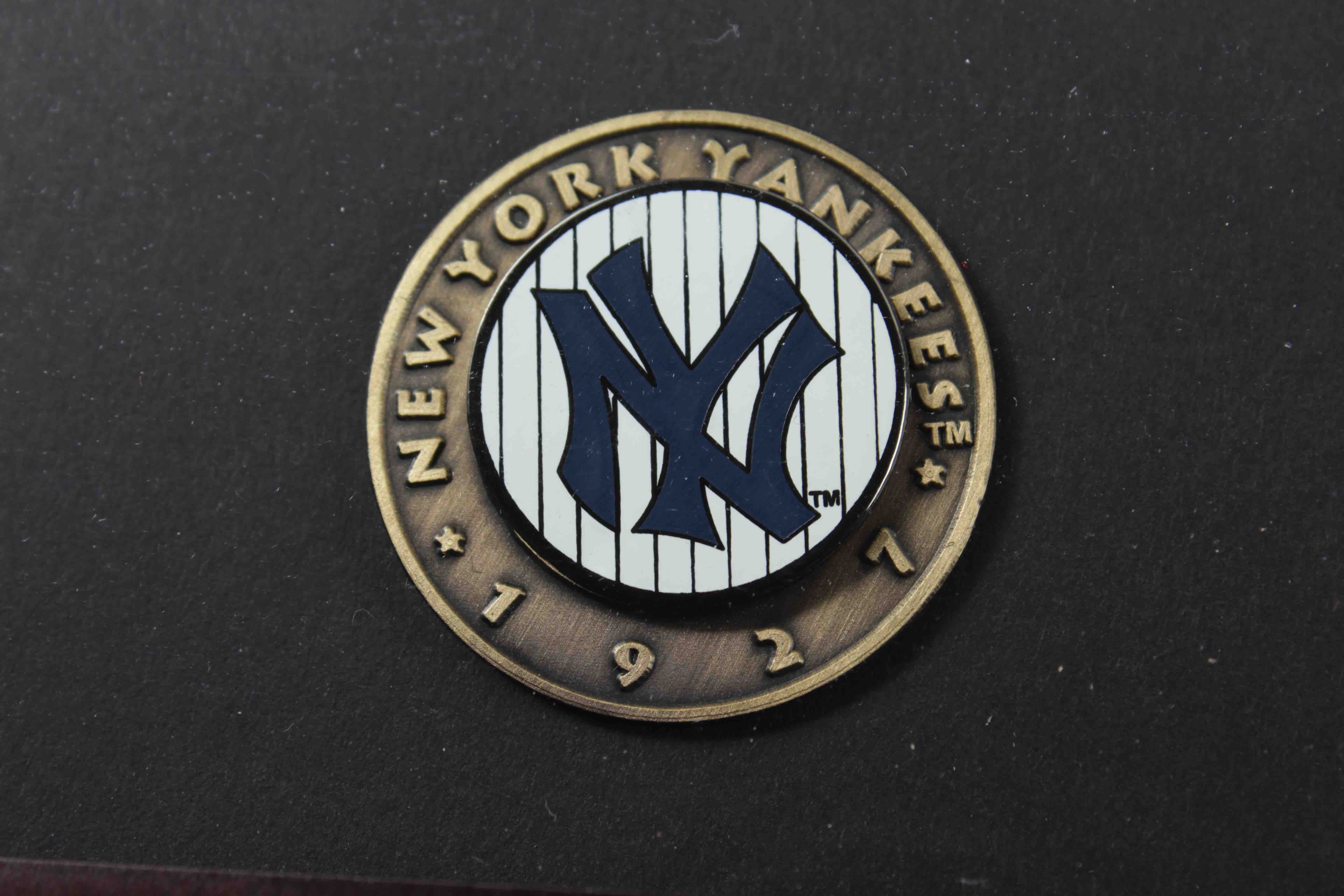 Babe Ruth Yankees 13.5x16.5 Custom Framed Photo Display with Vintage Yankees Bronze Emblem at PristineAuction.com Babe Ruth Yankees 13.5x16.5 Custom Framed Photo Display with Vintage Yankees Bronze Emblem at PristineAuction.com