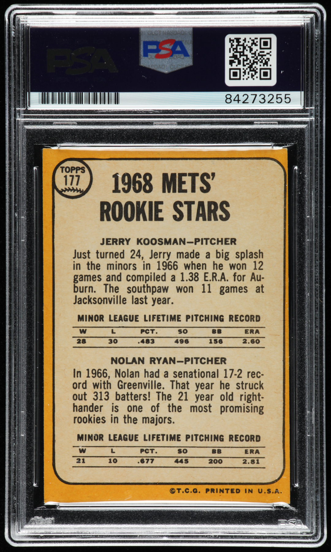 Nolan Ryan Signed 1968 Topps #177 Rookie Stars RC Inscribed "100.7 M.P.H. Fastball" (PSA Encapsulated) at PristineAuction.com Nolan Ryan Signed 1968 Topps #177 Rookie Stars RC Inscribed "100.7 M.P.H. Fastball" (PSA Encapsulated) at PristineAuction.com