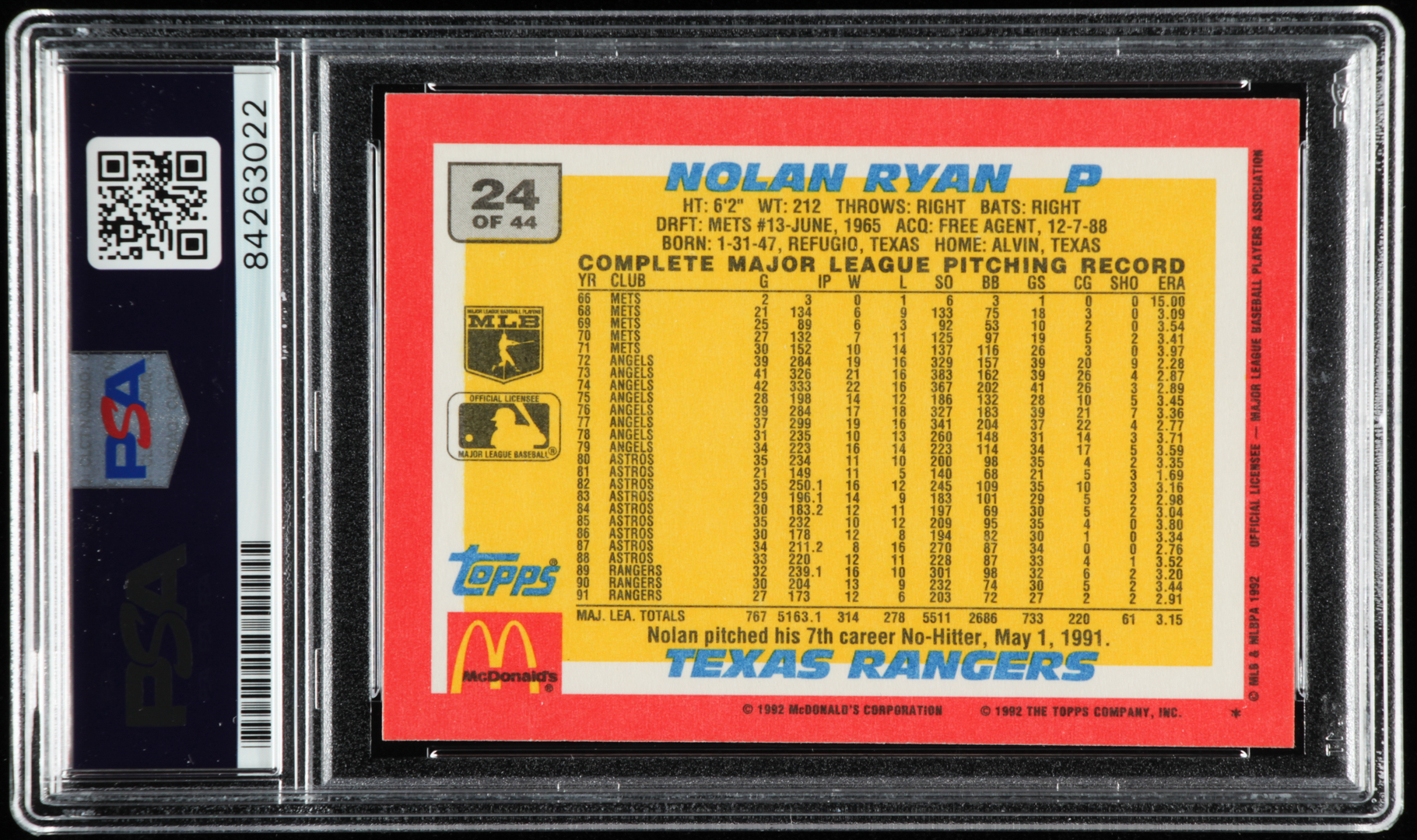 Nolan Ryan Signed 1992 Topps McDonald's #24 (PSA Encapsulated) at PristineAuction.com Nolan Ryan Signed 1992 Topps McDonald's #24 (PSA Encapsulated) at PristineAuction.com