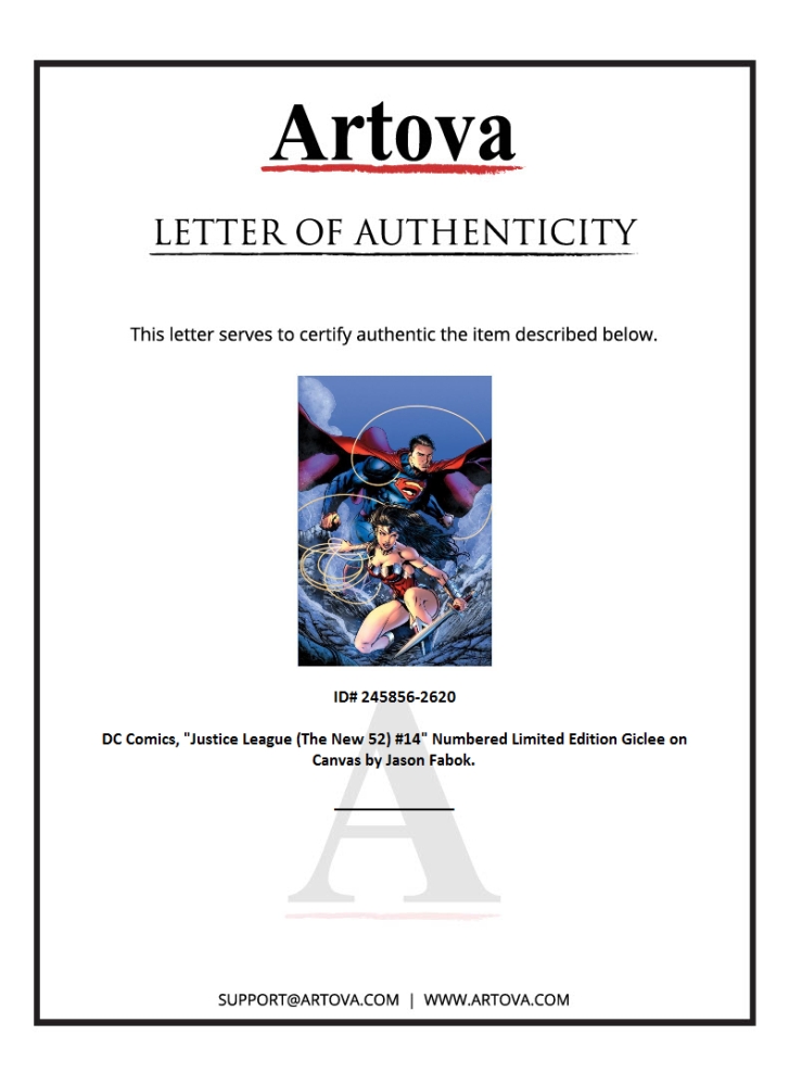 "Justice League (The New 52) #14" LE 24x16 Giclee on Gallery Wrapped Canvas by Jason Fabok (Artova) at PristineAuction.com "Justice League (The New 52) #14" LE 24x16 Giclee on Gallery Wrapped Canvas by Jason Fabok (Artova) at PristineAuction.com