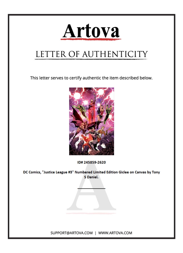 "Justice League #3" LE 24x16 Giclee on Gallery Wrapped Canvas by Tony S Daniel (Artova) at PristineAuction.com "Justice League #3" LE 24x16 Giclee on Gallery Wrapped Canvas by Tony S Daniel (Artova) at PristineAuction.com