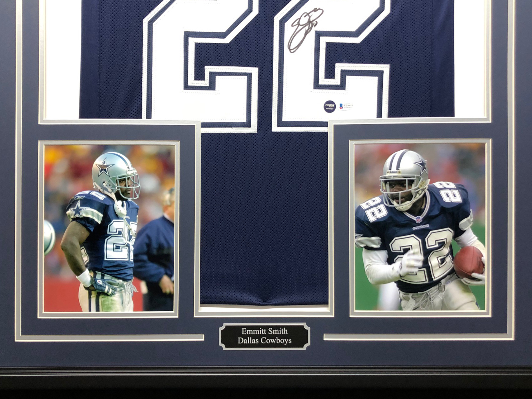 Emmitt Smith Signed 34.5x42.5 Custom Framed Jersey (Beckett COA & PROVA Hologram) at PristineAuction.com Emmitt Smith Signed 34.5x42.5 Custom Framed Jersey (Beckett COA & PROVA Hologram) at PristineAuction.com