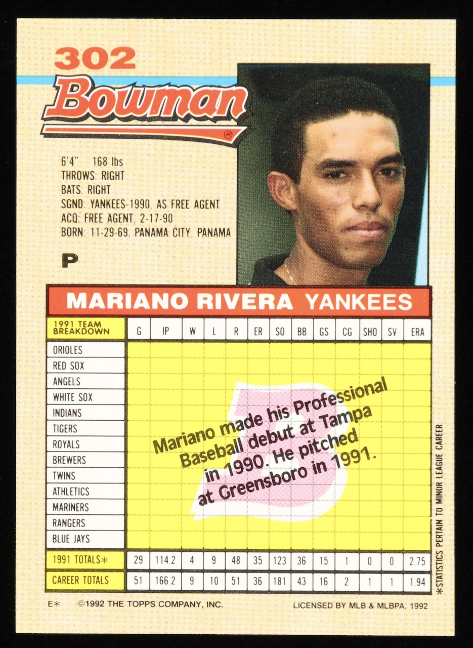 Mariano Rivera 1992 Bowman #302 RC at PristineAuction.com Mariano Rivera 1992 Bowman #302 RC at PristineAuction.com