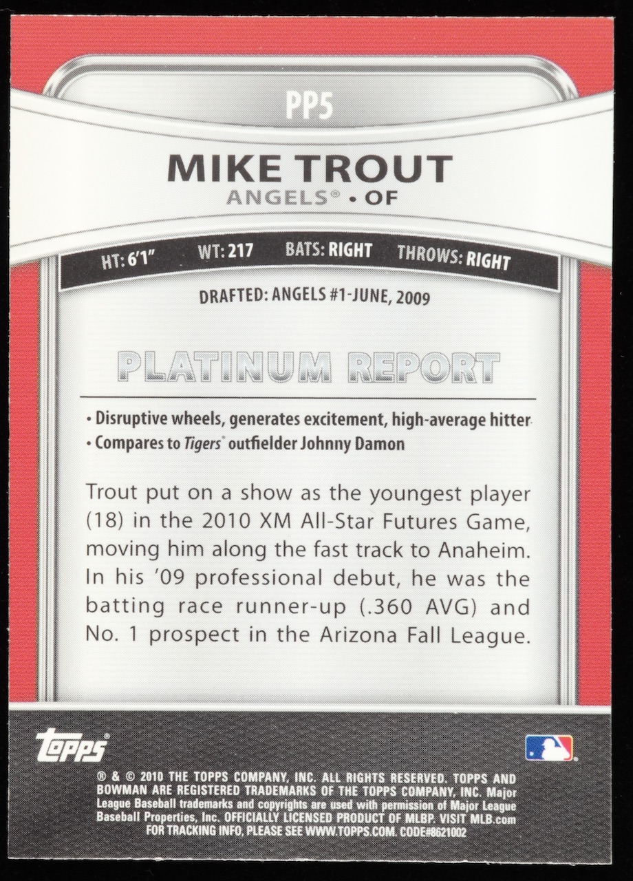 Mike Trout 2010 Bowman Platinum Prospects #PP5 at PristineAuction.com Mike Trout 2010 Bowman Platinum Prospects #PP5 at PristineAuction.com