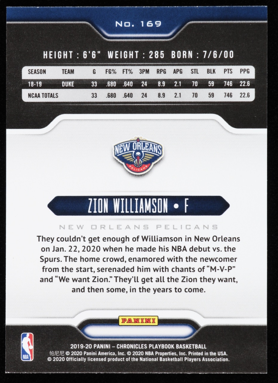 Zion Williamson 2019-20 Panini Chronicles Pink #169 Playbook at PristineAuction.com Zion Williamson 2019-20 Panini Chronicles Pink #169 Playbook at PristineAuction.com