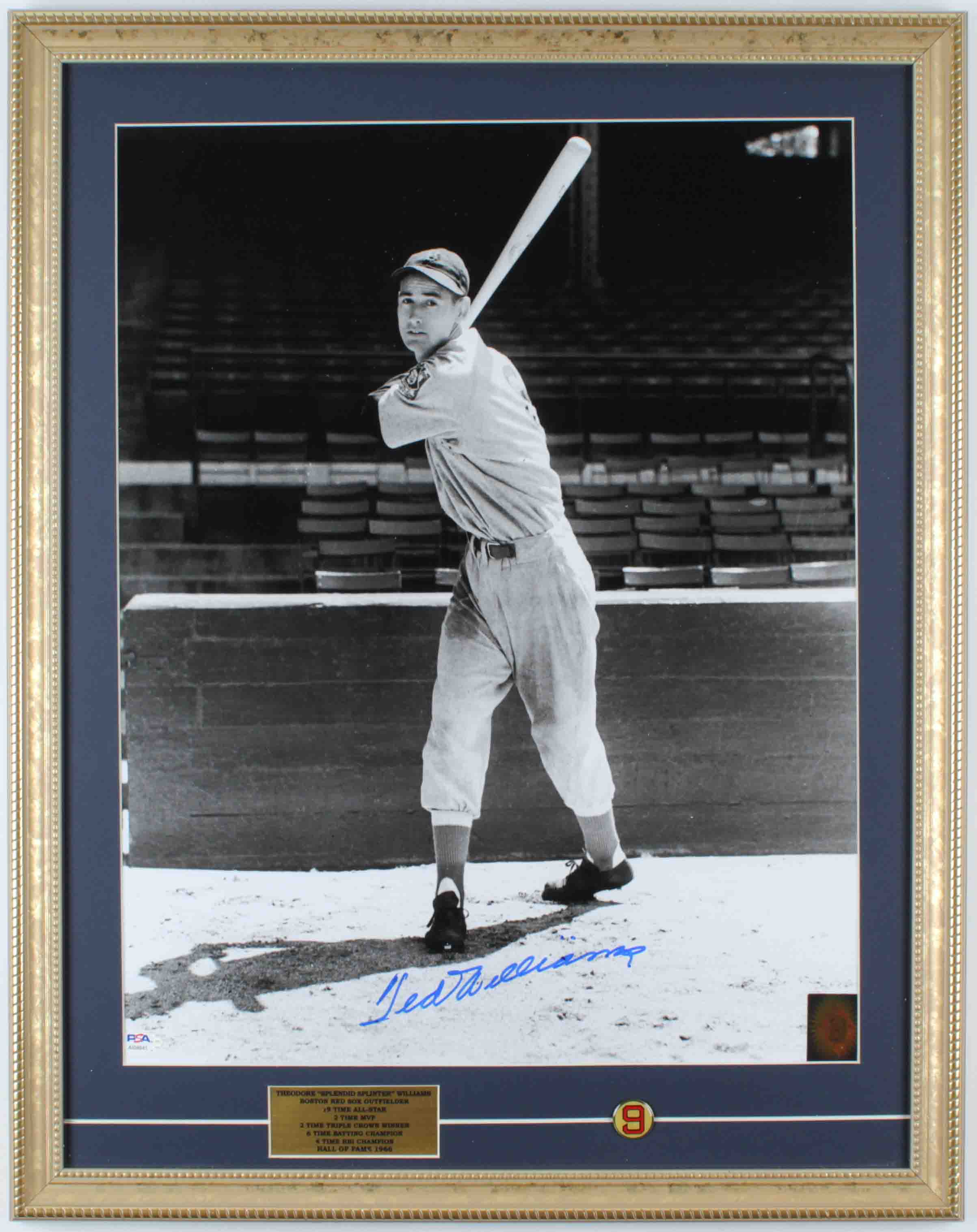 Ted Williams Signed Red Sox 19x24 Custom Framed Photo Display With Jersey #9 Pin (PSA LOA & Williams Hologram) at PristineAuction.com Ted Williams Signed Red Sox 19x24 Custom Framed Photo Display With Jersey #9 Pin (PSA LOA & Williams Hologram) at PristineAuction.com