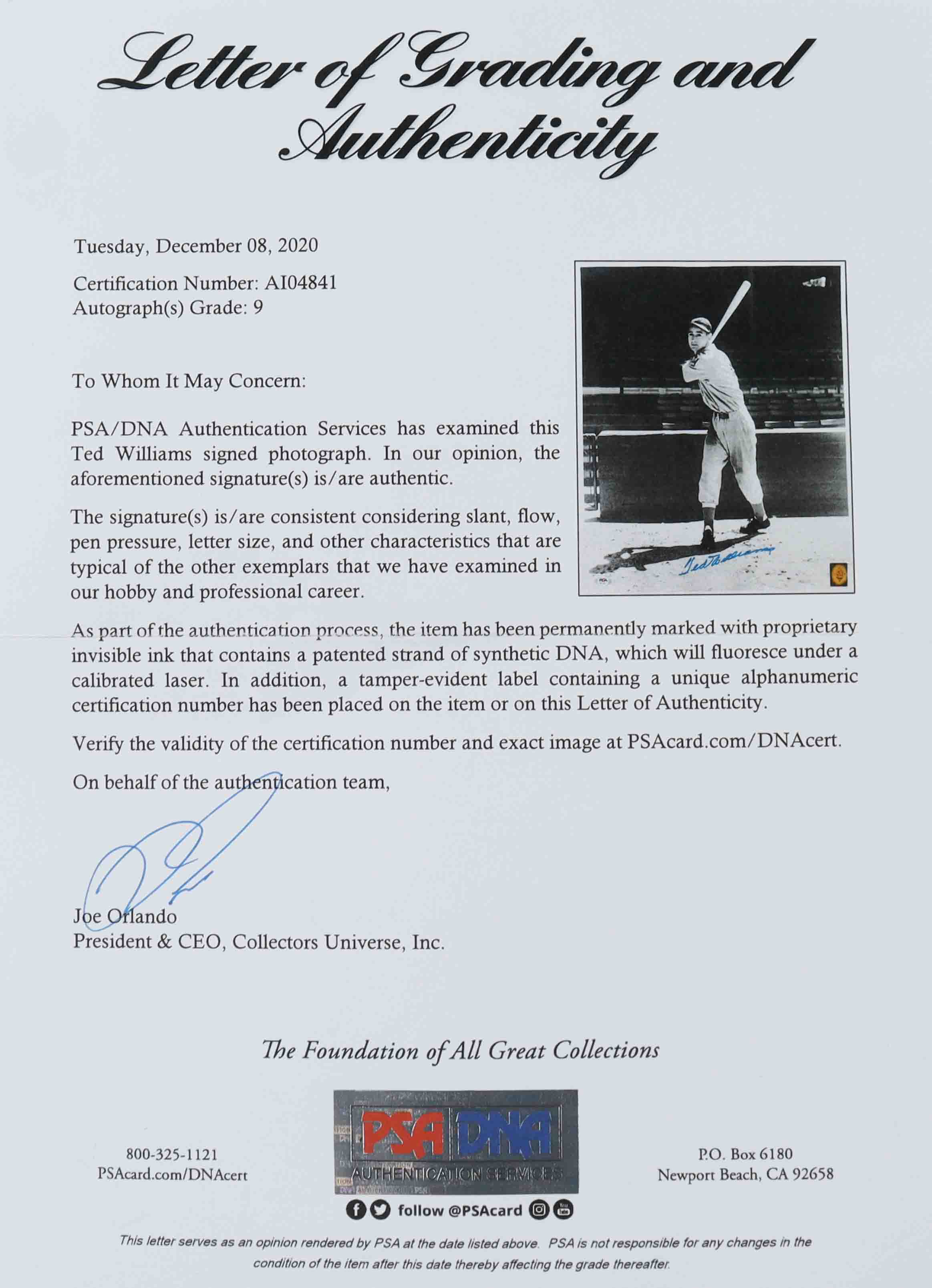 Ted Williams Signed Red Sox 19x24 Custom Framed Photo Display With Jersey #9 Pin (PSA LOA & Williams Hologram) at PristineAuction.com Ted Williams Signed Red Sox 19x24 Custom Framed Photo Display With Jersey #9 Pin (PSA LOA & Williams Hologram) at PristineAuction.com