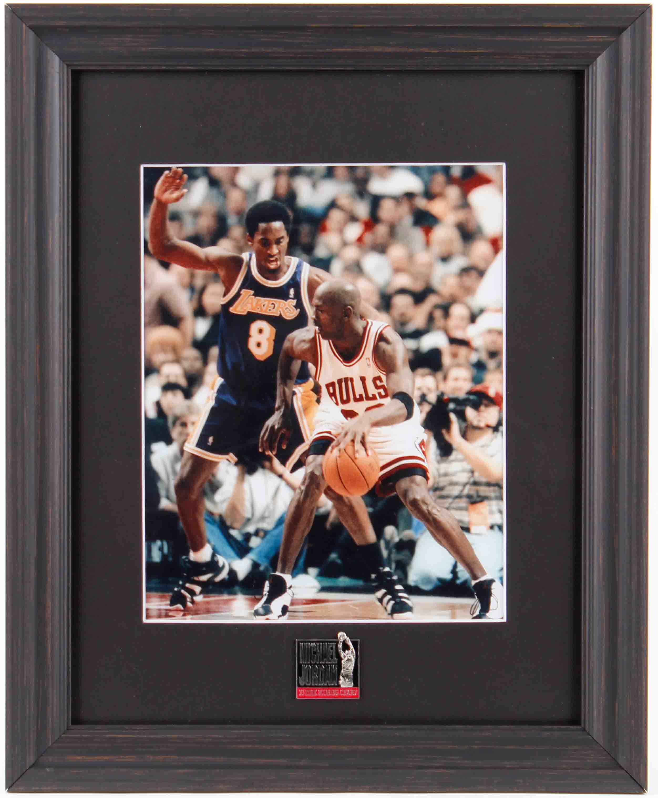 Michael Jordan & Kobe Bryant 13x16 Custom Framed Photo Display With Jordan 10x Scoring Champion Pin at PristineAuction.com Michael Jordan & Kobe Bryant 13x16 Custom Framed Photo Display With Jordan 10x Scoring Champion Pin at PristineAuction.com
