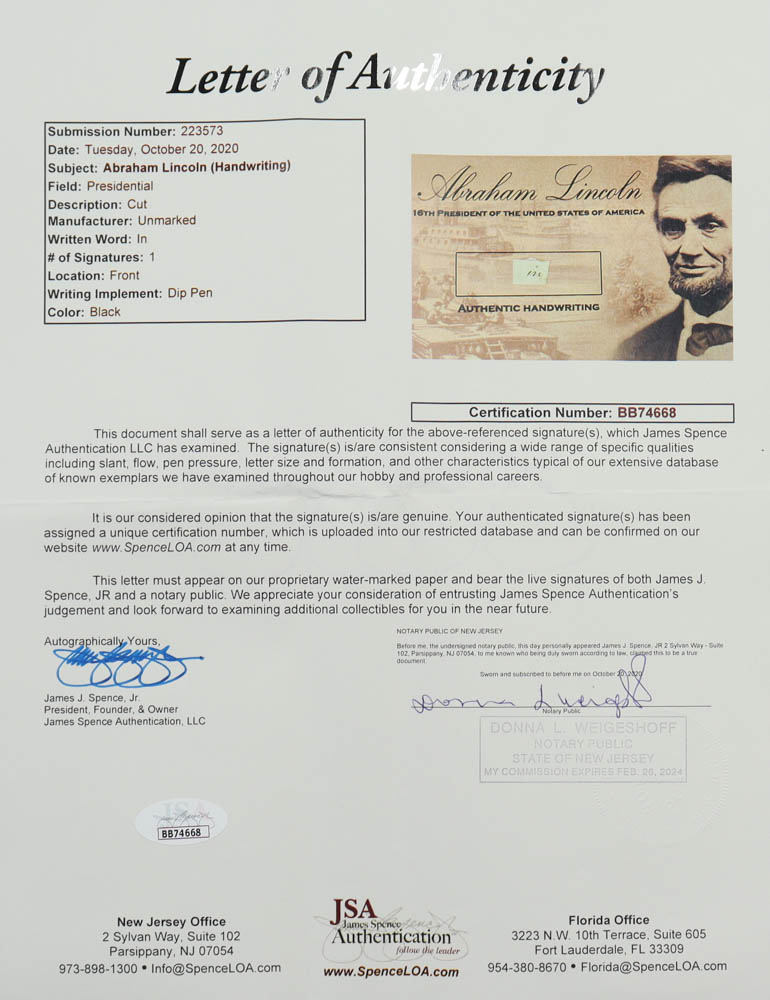 Abraham Lincoln Authentic Hand-Written Word Cut in Acrylic Display Case (JSA LOA) at PristineAuction.com Abraham Lincoln Authentic Hand-Written Word Cut in Acrylic Display Case (JSA LOA) at PristineAuction.com