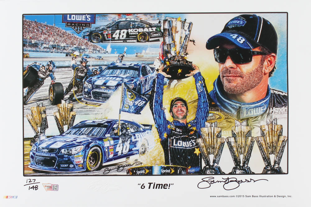 Sam Bass Signed LE 2015 Jimmie Johnson "6-Time!" 11x17 Print (Fanatics Hologram & Bass COA) at PristineAuction.com Sam Bass Signed LE 2015 Jimmie Johnson "6-Time!" 11x17 Print (Fanatics Hologram & Bass COA) at PristineAuction.com