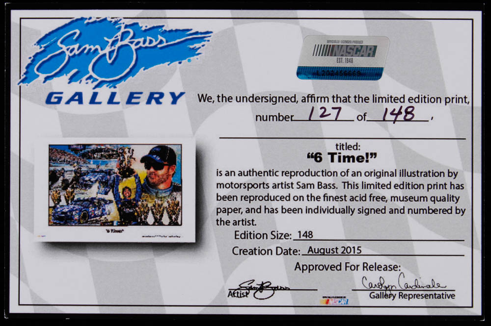 Sam Bass Signed LE 2015 Jimmie Johnson "6-Time!" 11x17 Print (Fanatics Hologram & Bass COA) at PristineAuction.com Sam Bass Signed LE 2015 Jimmie Johnson "6-Time!" 11x17 Print (Fanatics Hologram & Bass COA) at PristineAuction.com