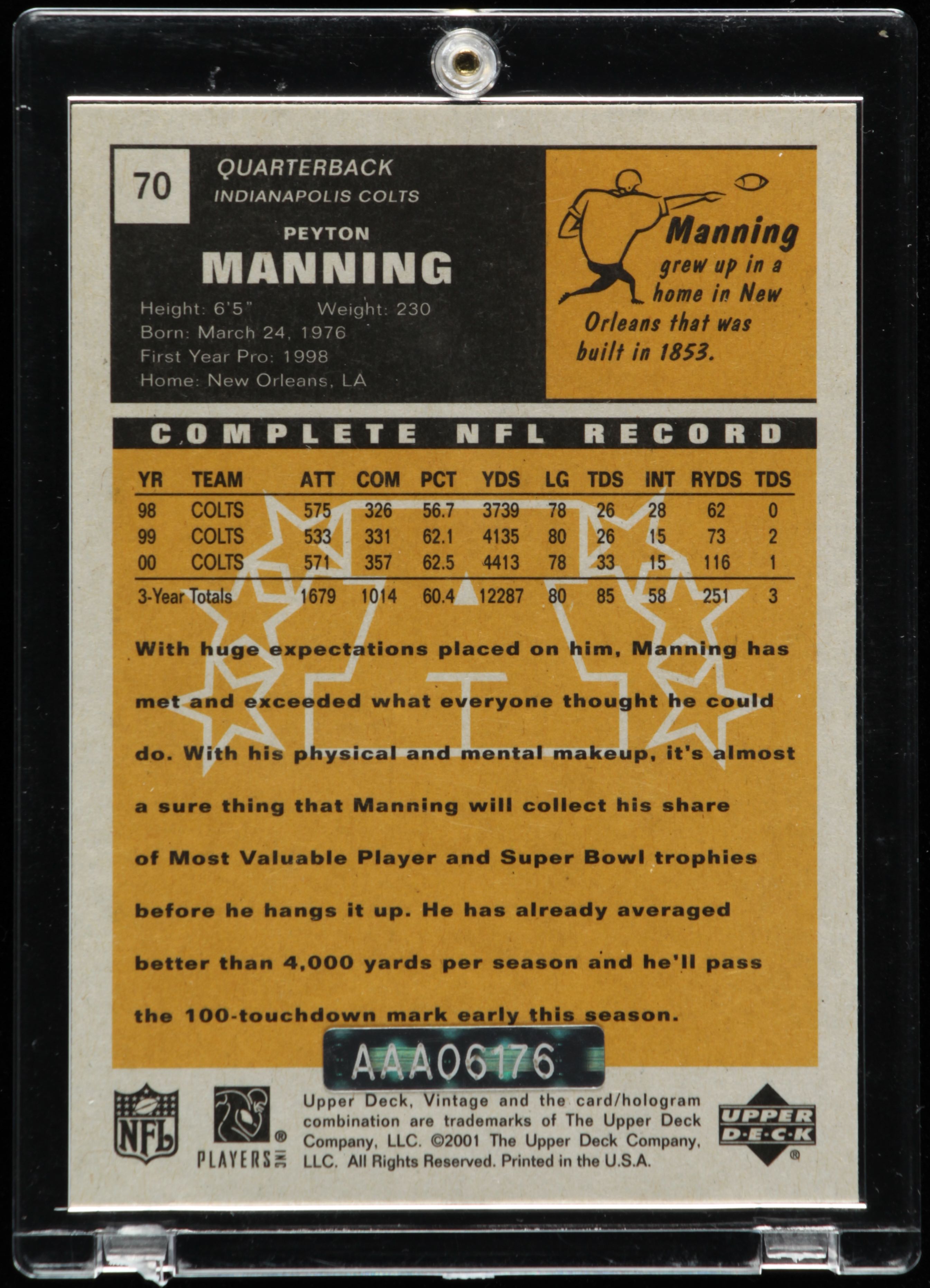 Peyton Manning Signed LE 2001 Upper Deck Vintage #70 (UD COA) at PristineAuction.com Peyton Manning Signed LE 2001 Upper Deck Vintage #70 (UD COA) at PristineAuction.com
