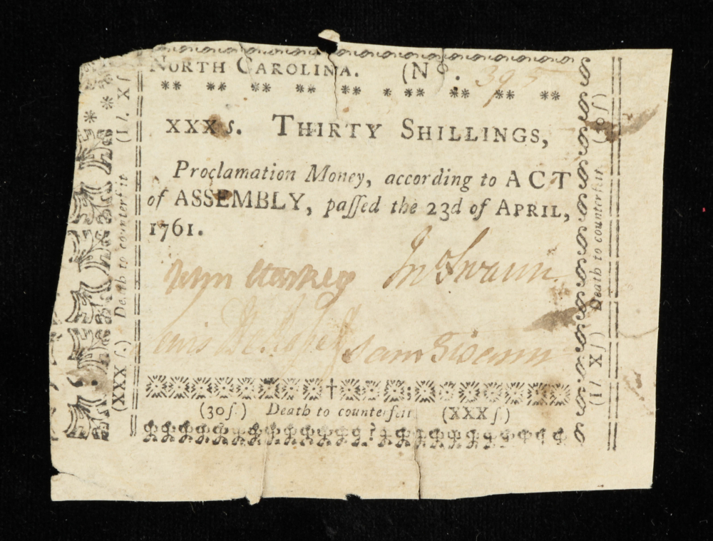 1761 North Carolina 30s. ThirtyShillings Colonial Currency Note