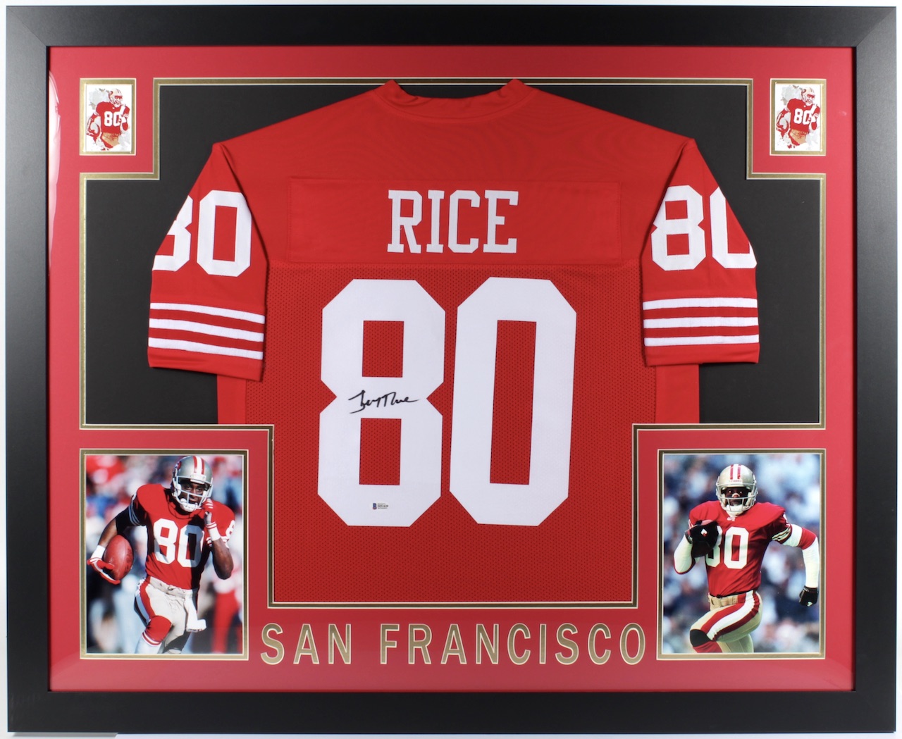 Jerry Rice Signed 35x43 Custom Framed Jersey (Beckett COA) at PristineAuction.com Jerry Rice Signed 35x43 Custom Framed Jersey (Beckett COA) at PristineAuction.com