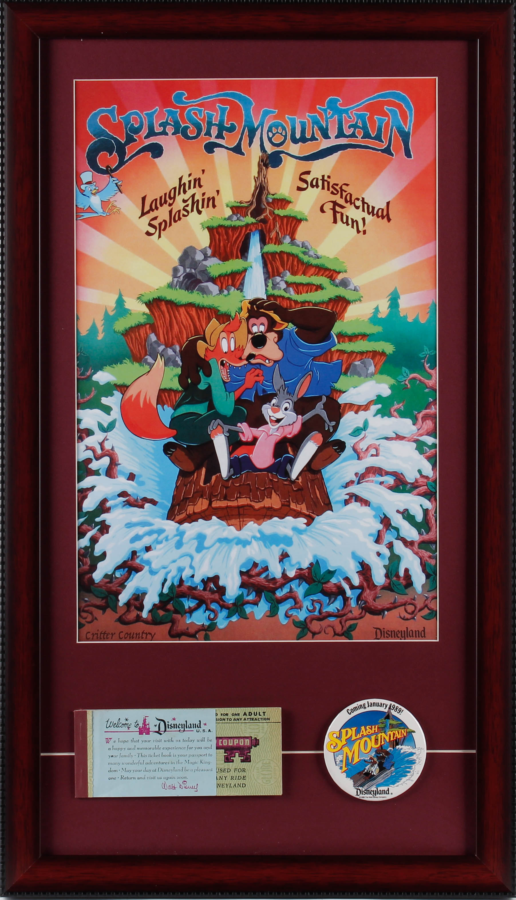 Disneyland "Splash Mountain" 15x26 Custom Framed Print Display with Vintage Ticket Booklet & Pre-Opening Splash Mountain Employee Only Lapel Pin at PristineAuction.com Disneyland "Splash Mountain" 15x26 Custom Framed Print Display with Vintage Ticket Booklet & Pre-Opening Splash Mountain Employee Only Lapel Pin at PristineAuction.com