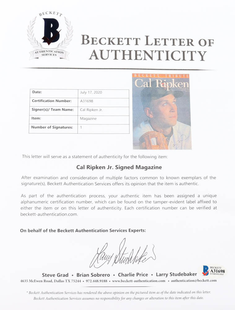 Cal Ripken Jr. Signed 9x11.5 Custom Framed 1995 Original Magazine Display (Beckett LOA) (See Description) at PristineAuction.com Cal Ripken Jr. Signed 9x11.5 Custom Framed 1995 Original Magazine Display (Beckett LOA) (See Description) at PristineAuction.com