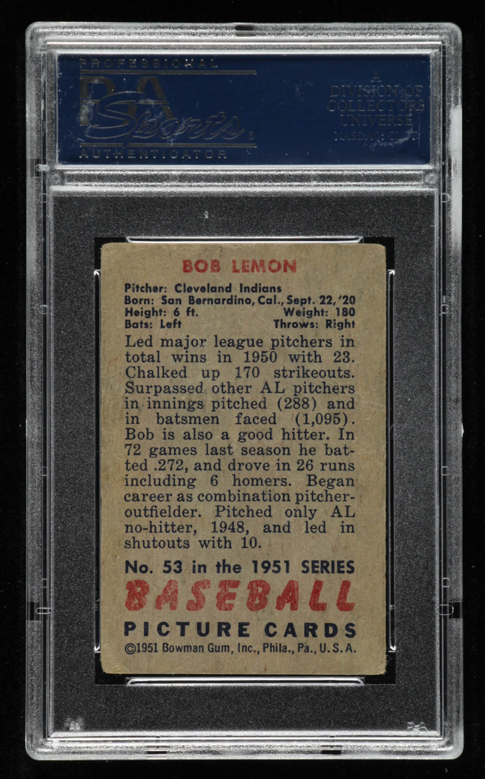 Bob Lemon Signed 1951 Bowman #53 (PSA Encapsulated) at PristineAuction.com Bob Lemon Signed 1951 Bowman #53 (PSA Encapsulated) at PristineAuction.com