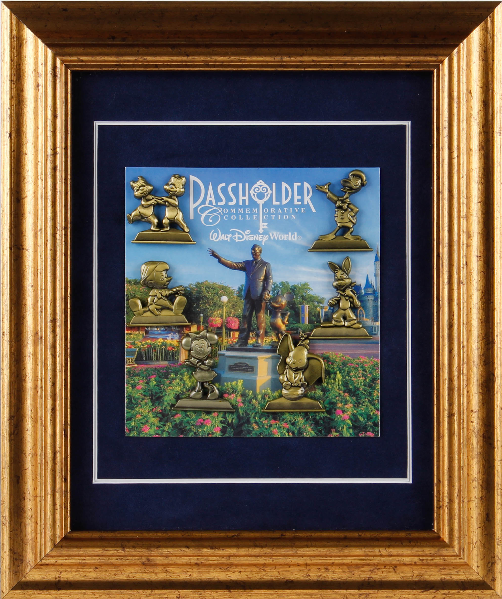 Disney World 11x13 Custom Framed Vintage Disney World Passholder Commemorative Collection Bronze Pin Set Display with (6) Bronze Pins at PristineAuction.com Disney World 11x13 Custom Framed Vintage Disney World Passholder Commemorative Collection Bronze Pin Set Display with (6) Bronze Pins at PristineAuction.com