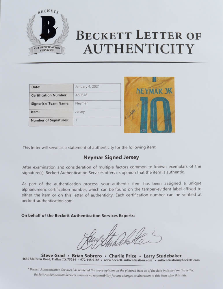 Neymar Signed Team Brazil Jersey (Beckett LOA) at PristineAuction.com Neymar Signed Team Brazil Jersey (Beckett LOA) at PristineAuction.com