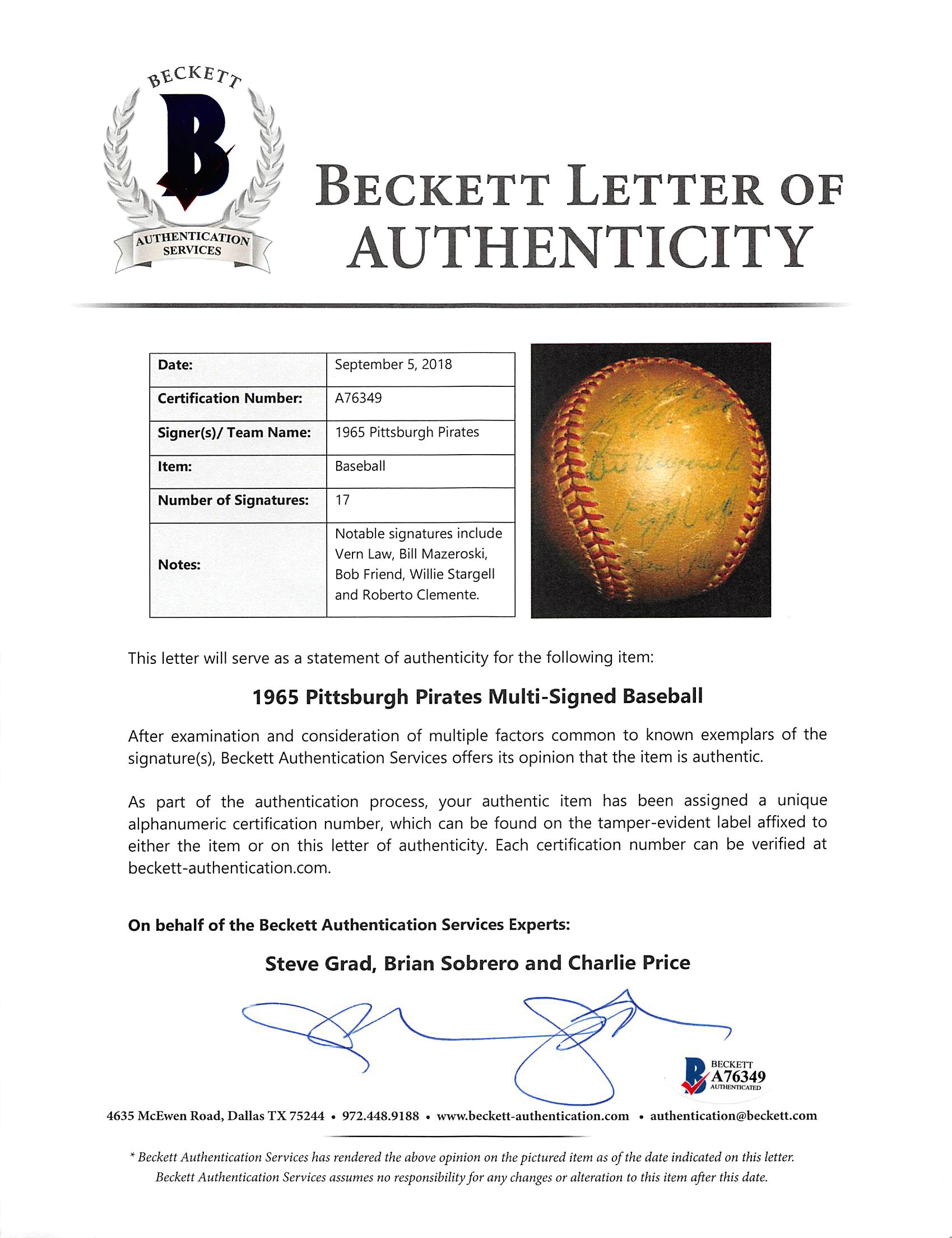 1965 Pirates Baseball Signed by (17) with Roberto Clemente, Willie Stargell, Bill Mazeroski, Vern Law (Beckett LOA) (See Description) at PristineAuction.com 1965 Pirates Baseball Signed by (17) with Roberto Clemente, Willie Stargell, Bill Mazeroski, Vern Law (Beckett LOA) (See Description) at PristineAuction.com