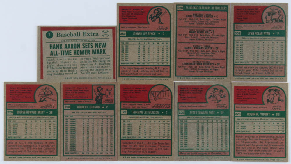 1975 Topps Complete Set of (660) Baseball Cards with #660 Hank Aaron, #223 Robin Yount RC, #228 George Brett RC, #320 Pete Rose, #500 Nolan Ryan at PristineAuction.com 1975 Topps Complete Set of (660) Baseball Cards with #660 Hank Aaron, #223 Robin Yount RC, #228 George Brett RC, #320 Pete Rose, #500 Nolan Ryan at PristineAuction.com