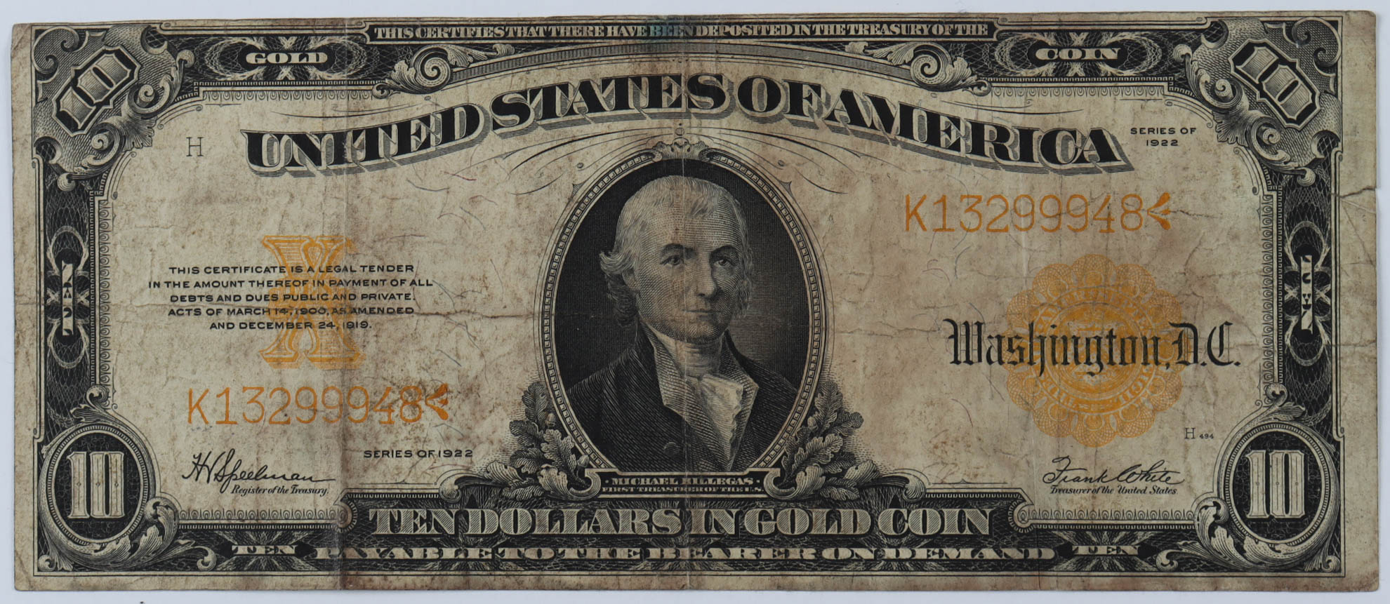 1922 $10 Ten-Dollar U.S. Gold Certificate Large-Size Bank Note at PristineAuction.com 1922 $10 Ten-Dollar U.S. Gold Certificate Large-Size Bank Note at PristineAuction.com