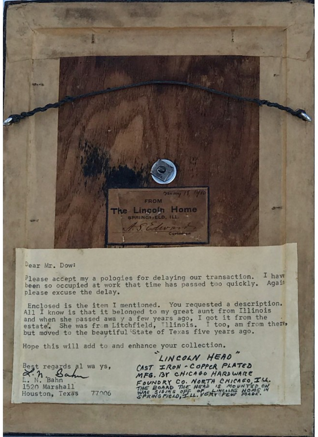 Abraham Lincoln 8x11 Custom Framed Copper Bust from Lincoln Home (University Archives COA) at PristineAuction.com Abraham Lincoln 8x11 Custom Framed Copper Bust from Lincoln Home (University Archives COA) at PristineAuction.com