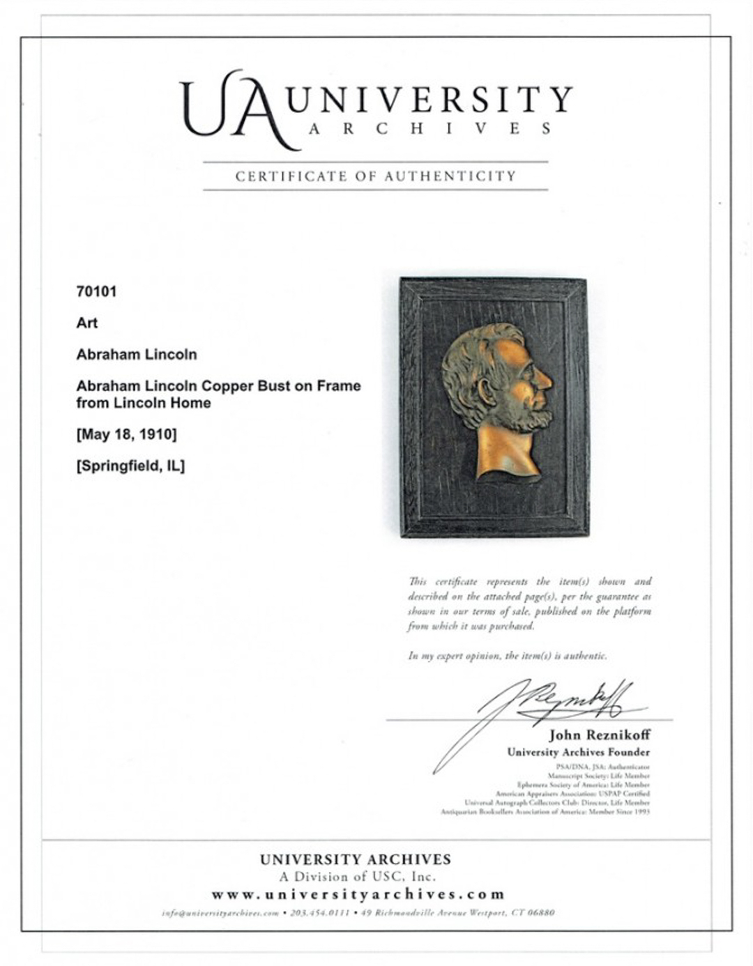 Abraham Lincoln 8x11 Custom Framed Copper Bust from Lincoln Home (University Archives COA) at PristineAuction.com Abraham Lincoln 8x11 Custom Framed Copper Bust from Lincoln Home (University Archives COA) at PristineAuction.com