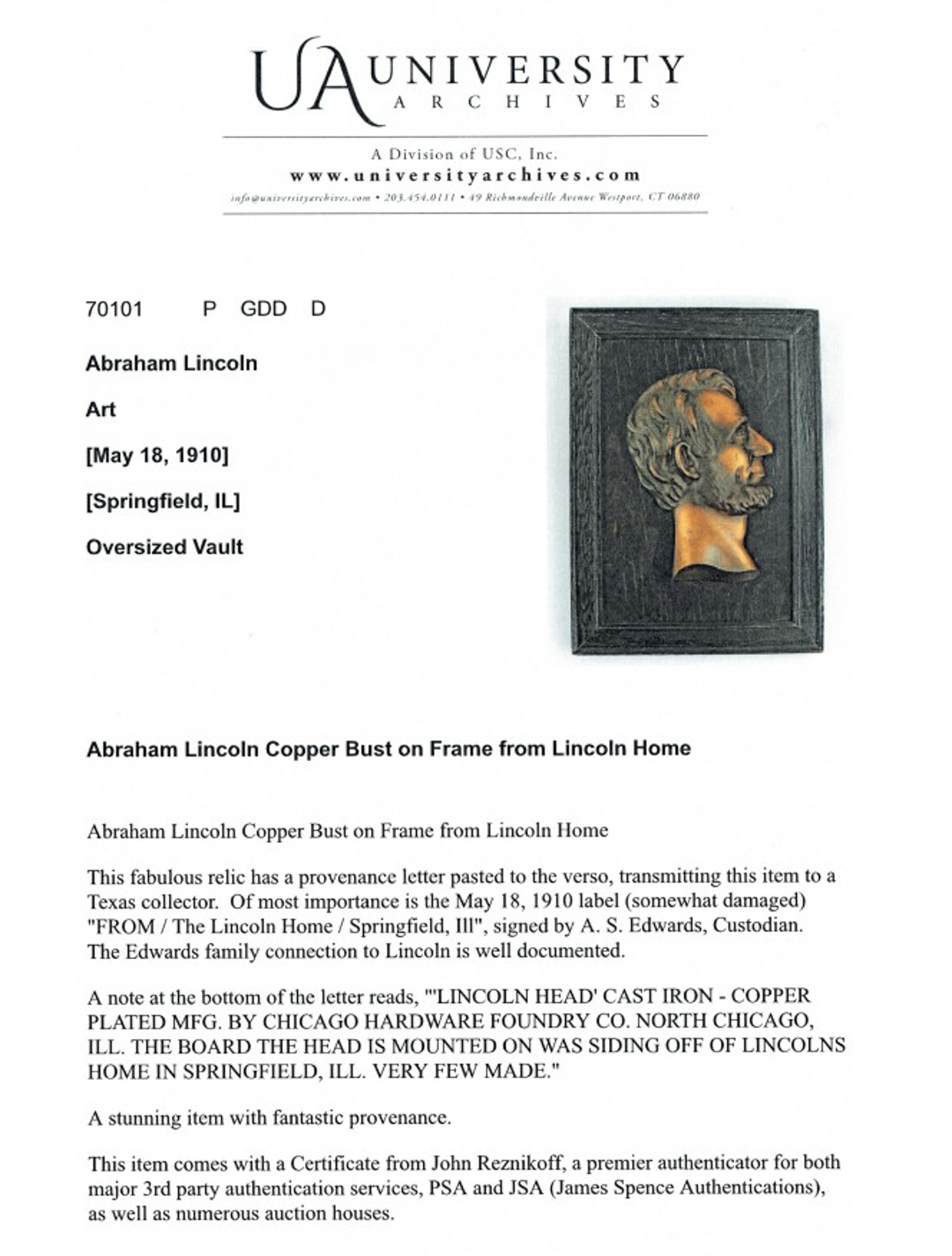 Abraham Lincoln 8x11 Custom Framed Copper Bust from Lincoln Home (University Archives COA) at PristineAuction.com Abraham Lincoln 8x11 Custom Framed Copper Bust from Lincoln Home (University Archives COA) at PristineAuction.com